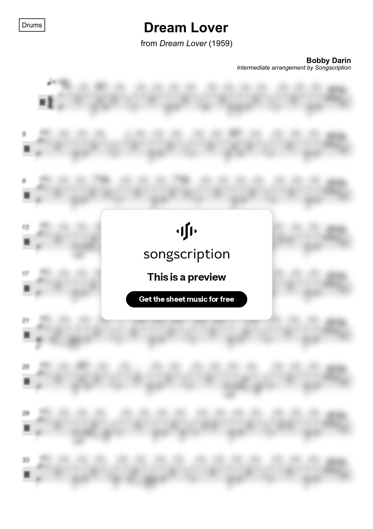 Intermediate Drums Sheet Music for "Dream Lover" by Bobby Darin