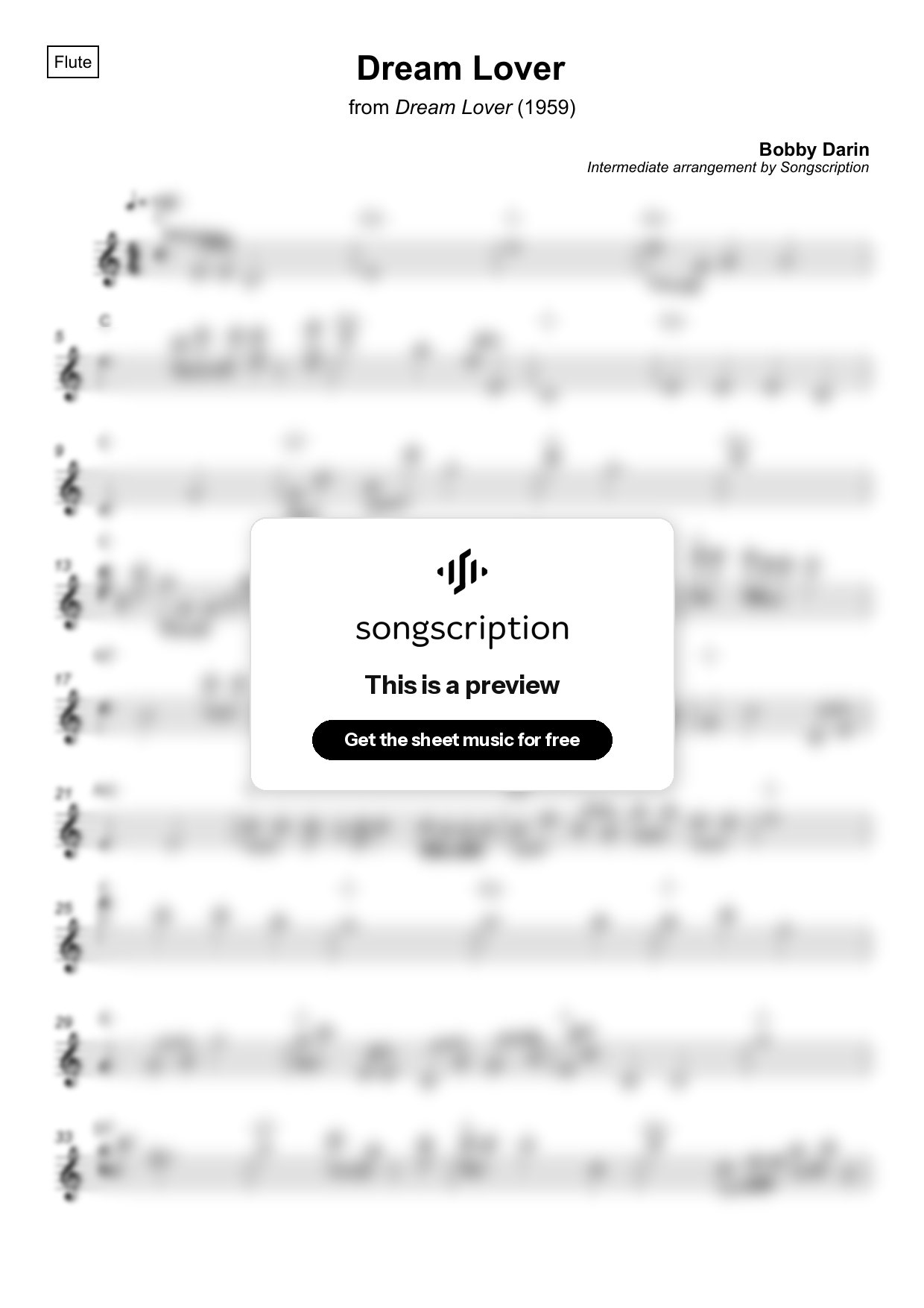 Intermediate Flute Sheet Music for "Dream Lover" by Bobby Darin