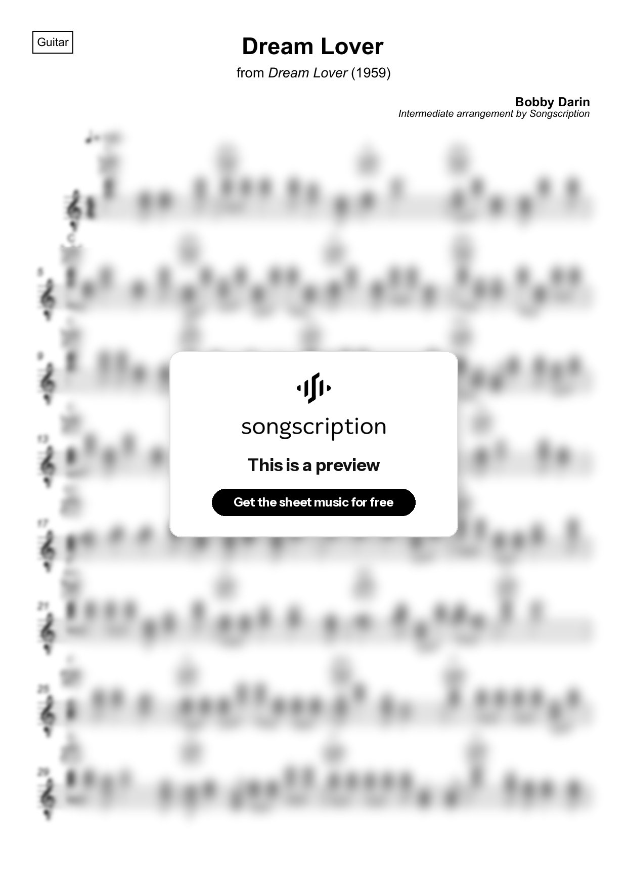 Intermediate Acoustic Guitar Sheet Music for "Dream Lover" by Bobby Darin