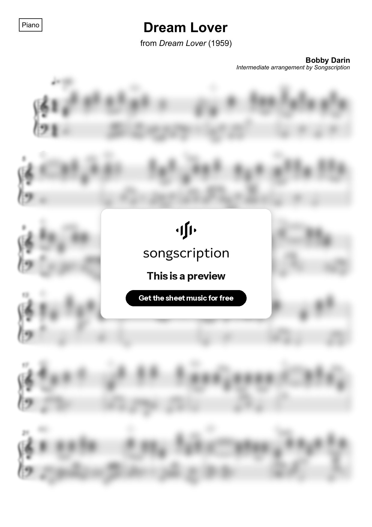 Intermediate Piano Sheet Music for "Dream Lover" by Bobby Darin