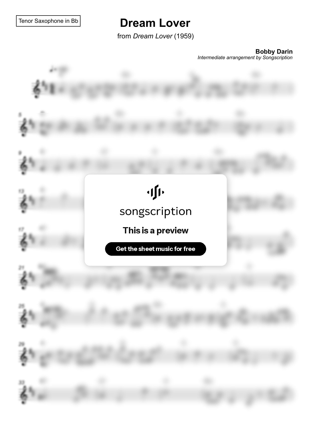 Intermediate Tenor Sax Sheet Music for "Dream Lover" by Bobby Darin