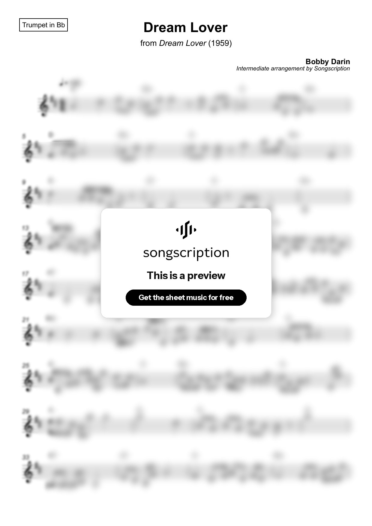 Intermediate Trumpet Sheet Music for "Dream Lover" by Bobby Darin