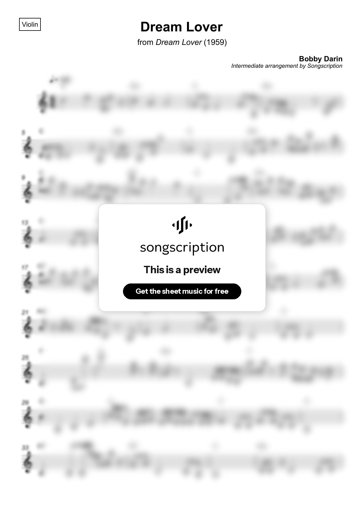 Intermediate Violin Sheet Music for "Dream Lover" by Bobby Darin