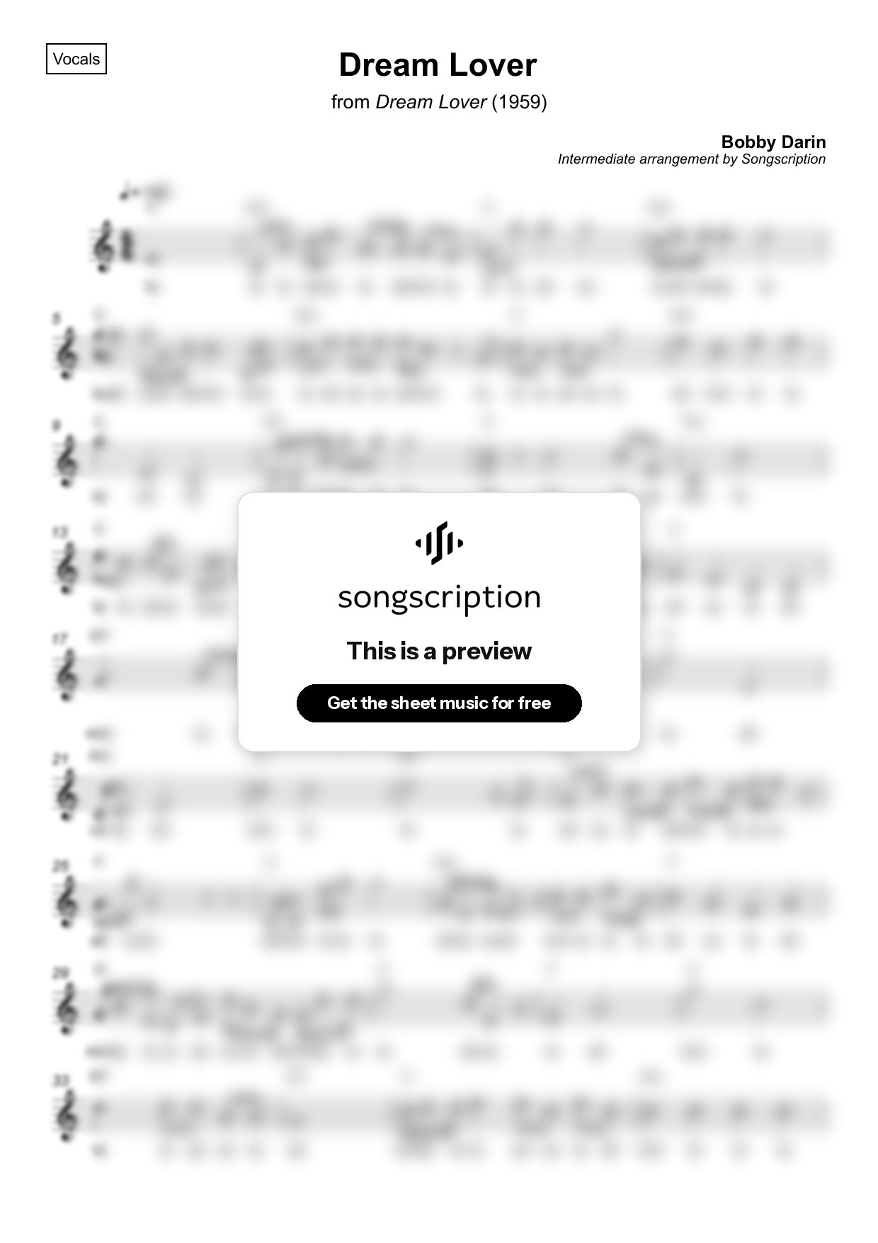Intermediate Vocals Sheet Music for "Dream Lover" by Bobby Darin
