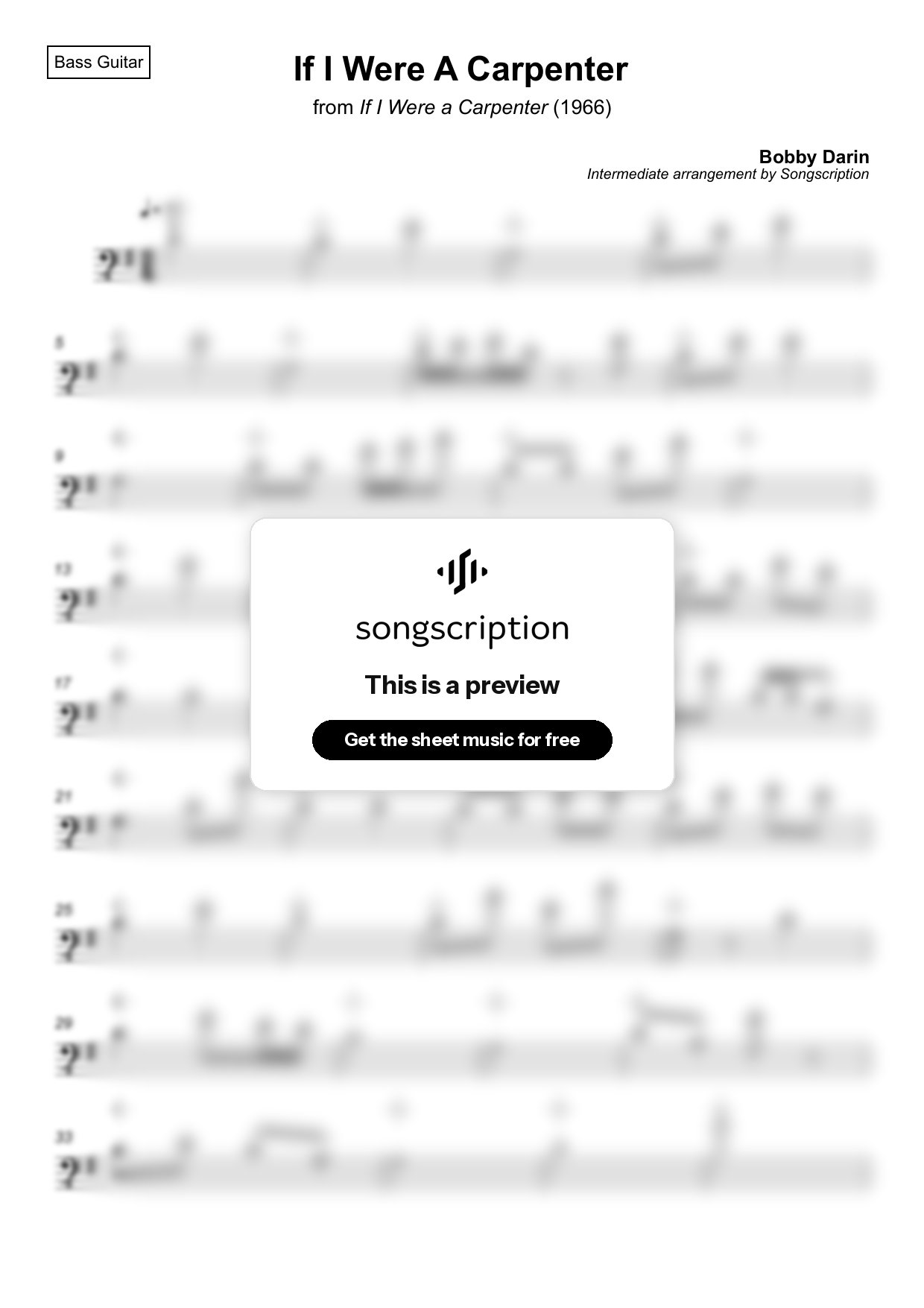 Intermediate Bass Guitar Sheet Music for "If I Were A Carpenter" by Bobby Darin