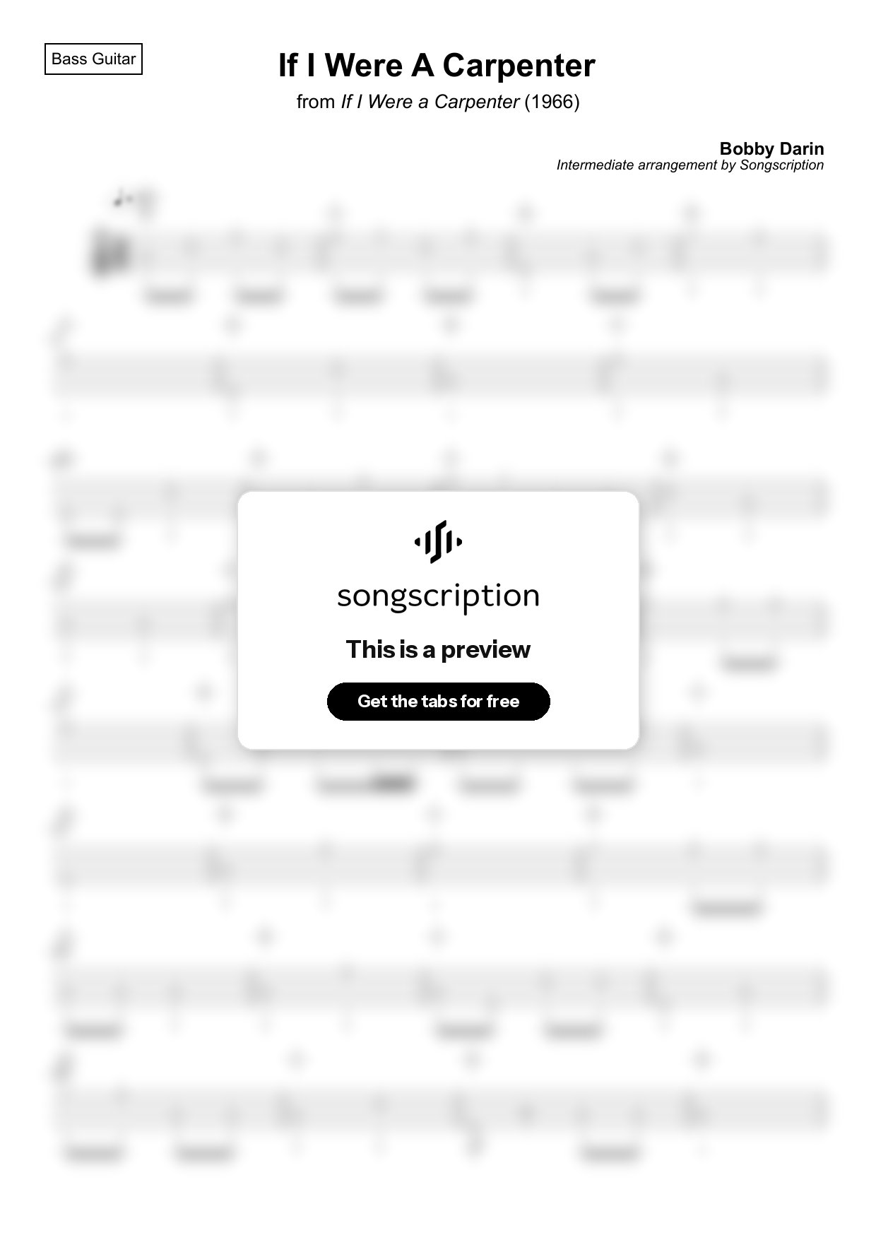 Intermediate Bass Guitar Tabs for "If I Were A Carpenter" by Bobby Darin