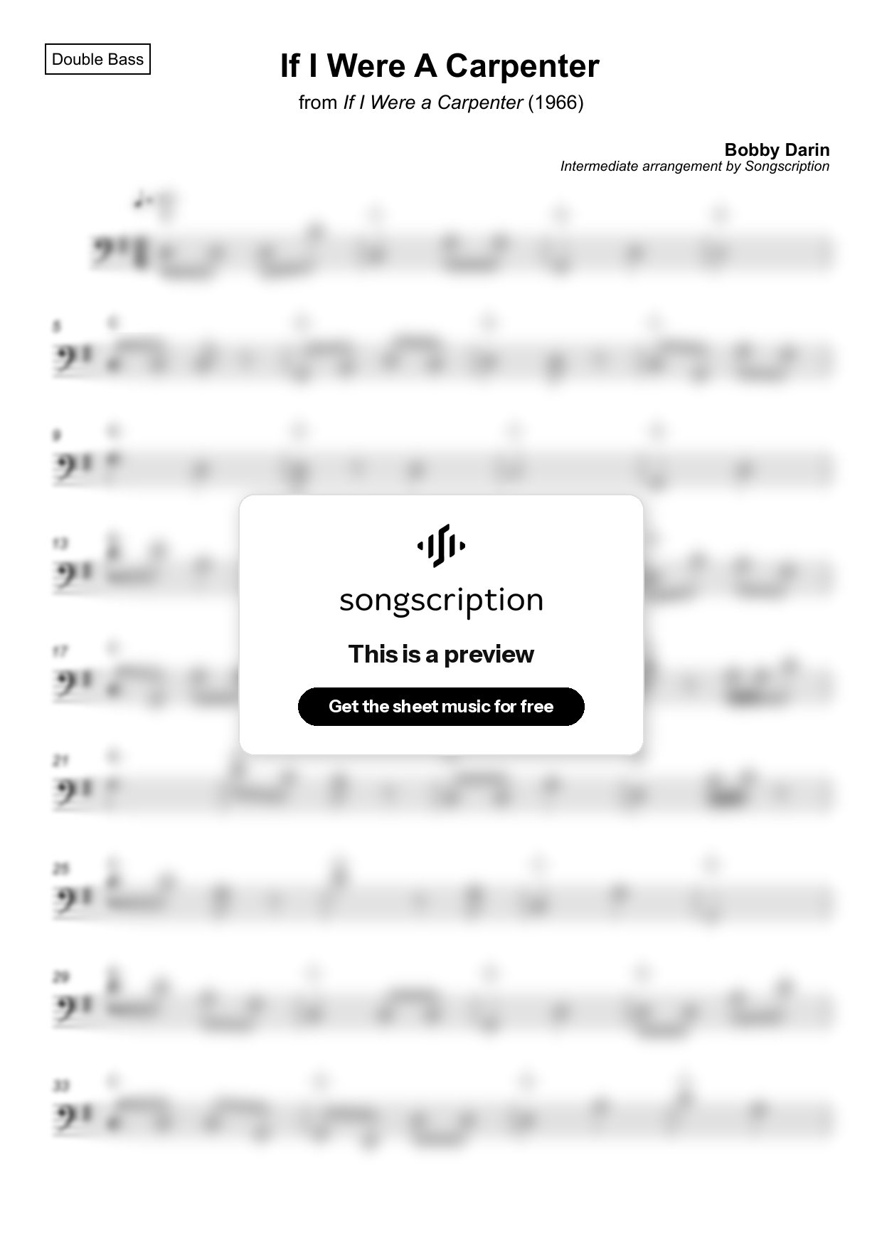 Intermediate Double Bass Sheet Music for "If I Were A Carpenter" by Bobby Darin