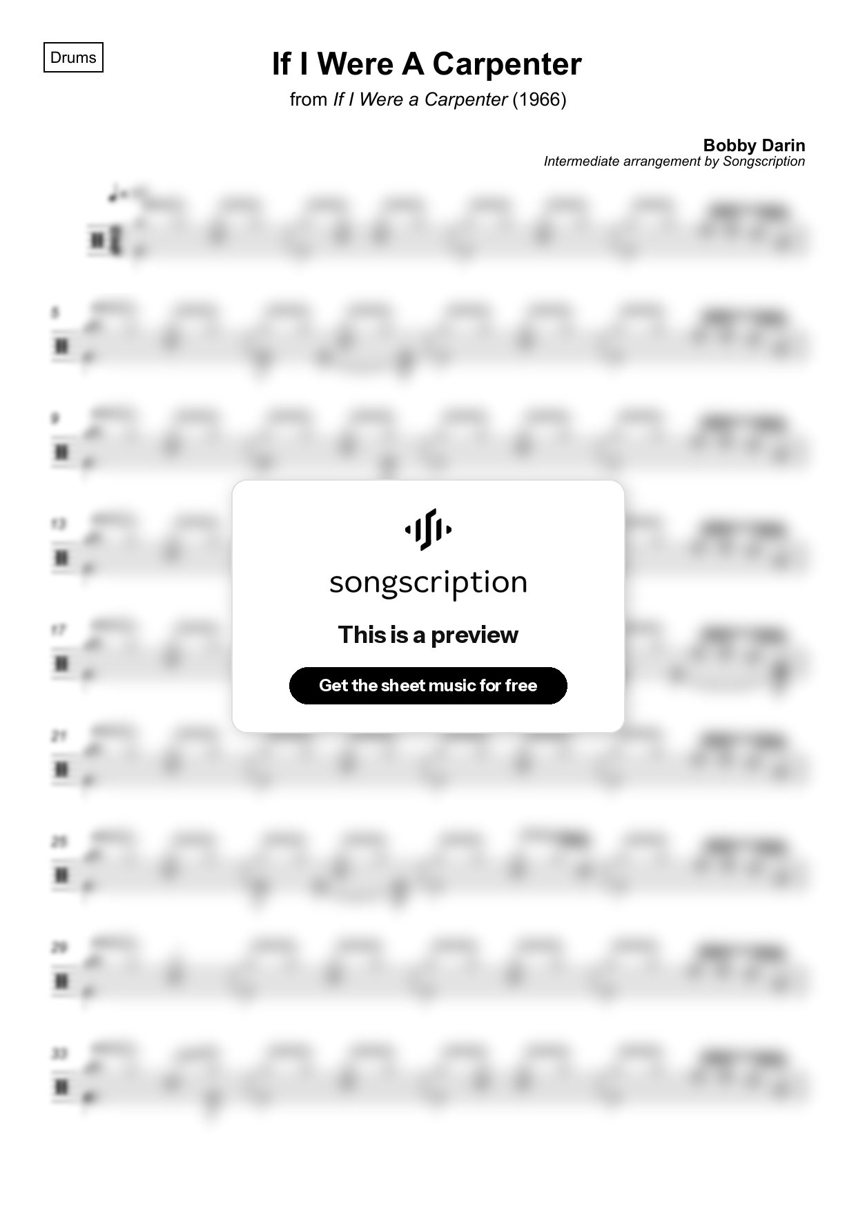Intermediate Drums Sheet Music for "If I Were A Carpenter" by Bobby Darin
