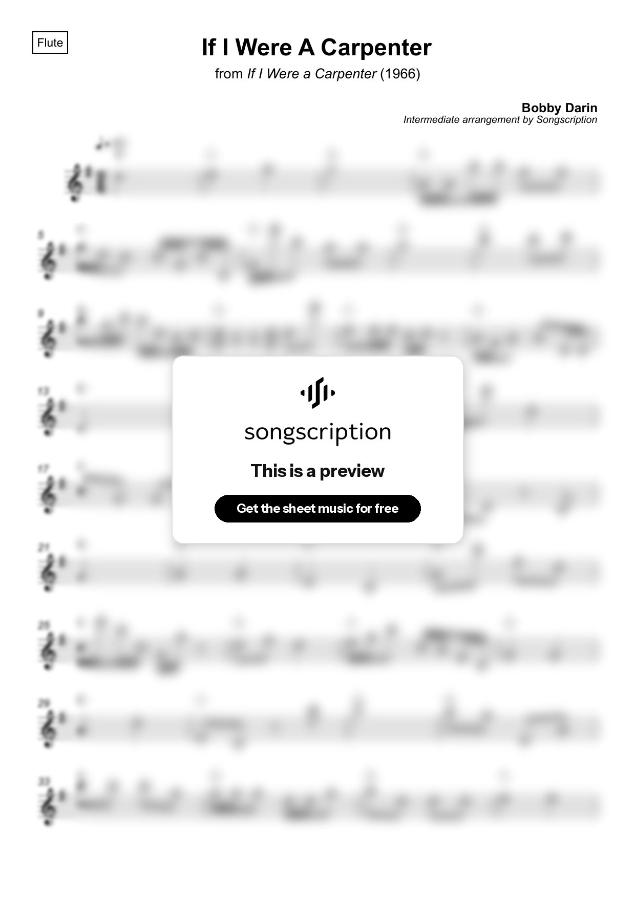 Intermediate Flute Sheet Music for "If I Were A Carpenter" by Bobby Darin