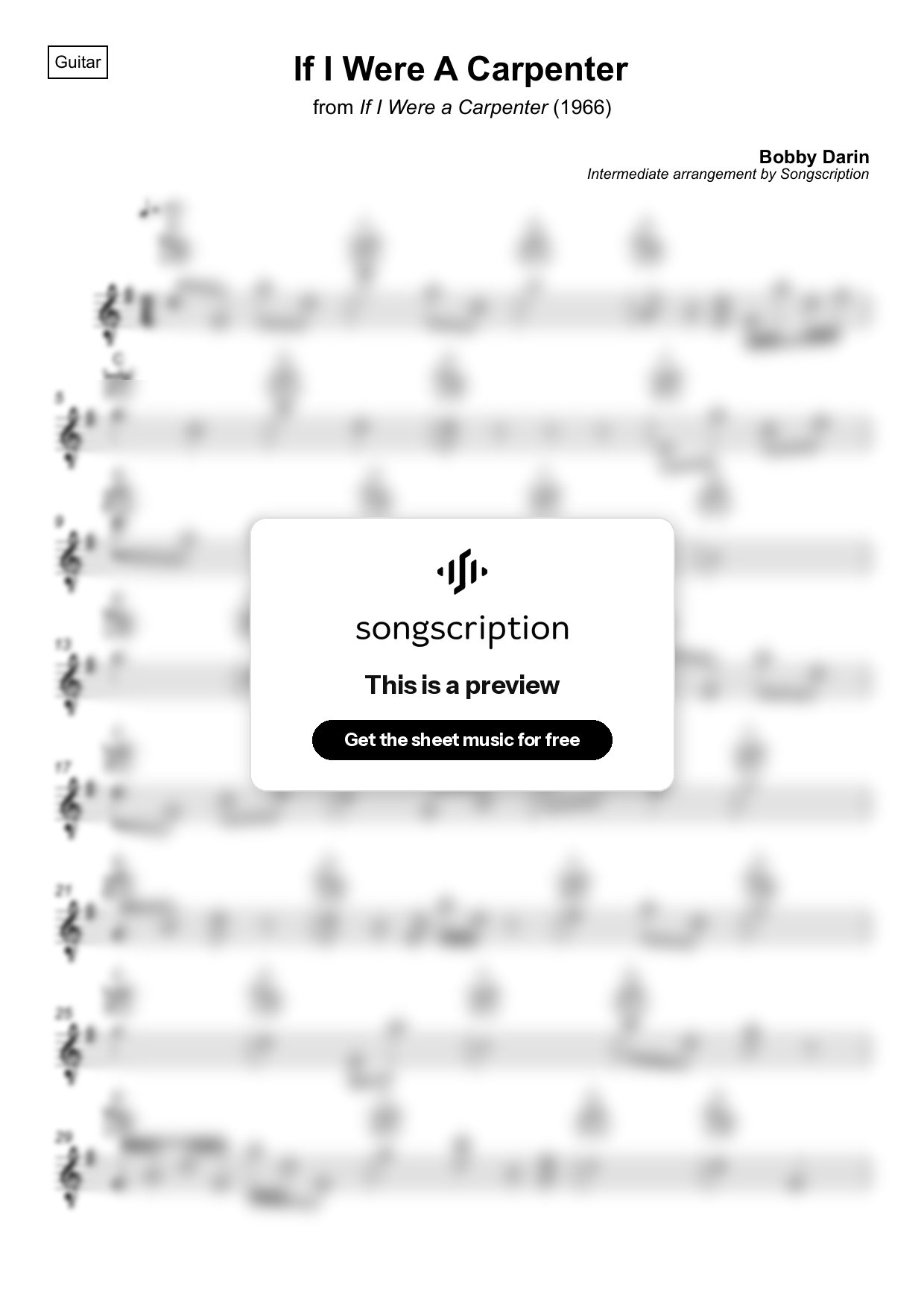Intermediate Acoustic Guitar Sheet Music for "If I Were A Carpenter" by Bobby Darin