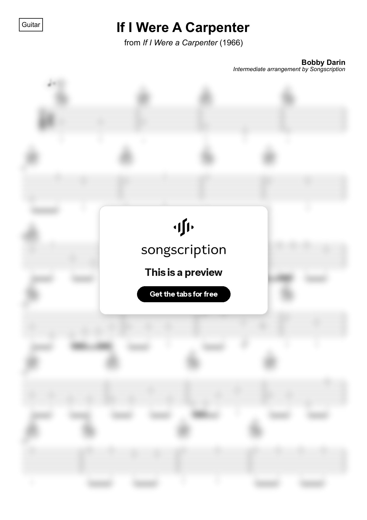 Intermediate Acoustic Guitar Tabs for "If I Were A Carpenter" by Bobby Darin
