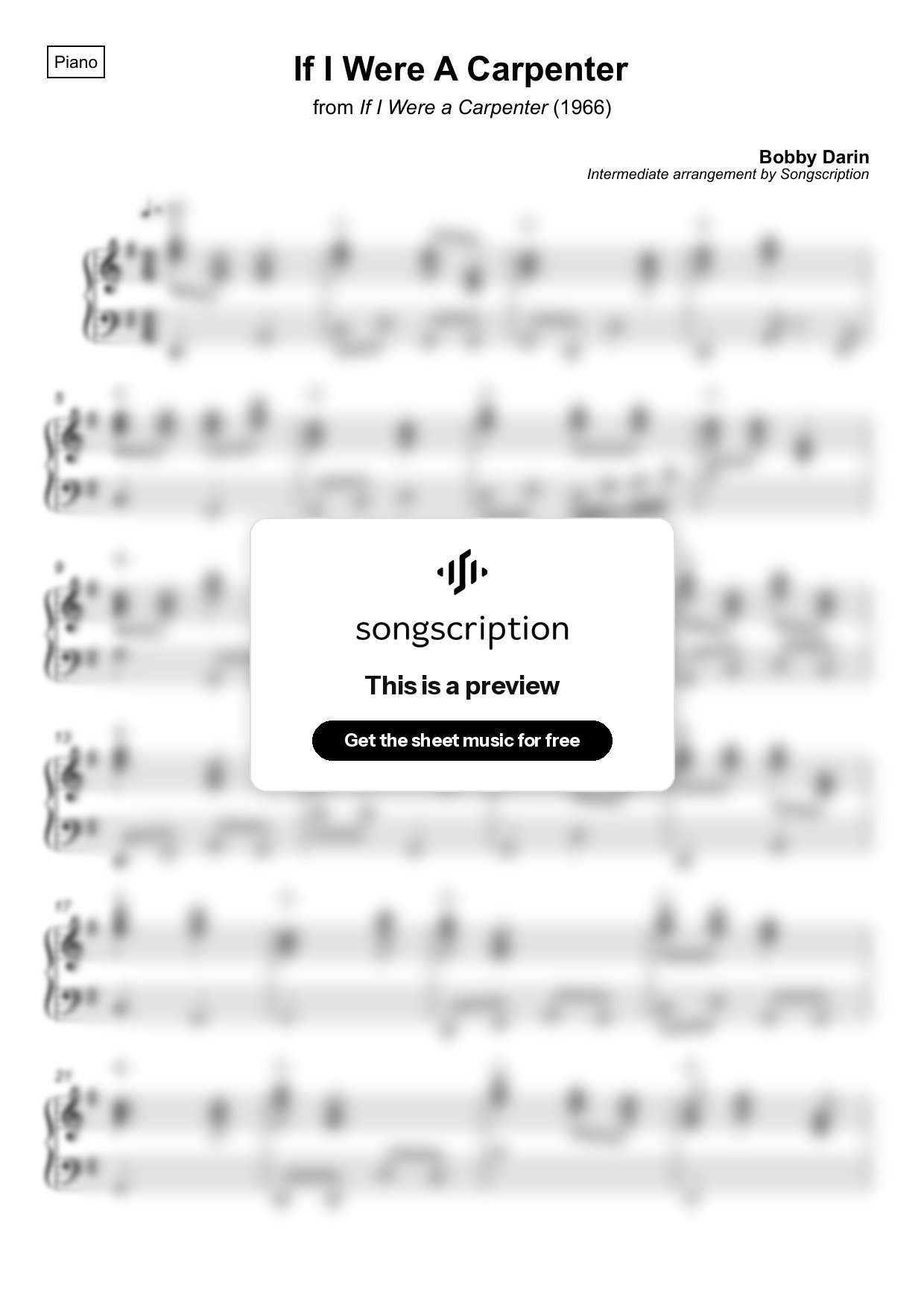 Intermediate Piano Sheet Music for "If I Were A Carpenter" by Bobby Darin