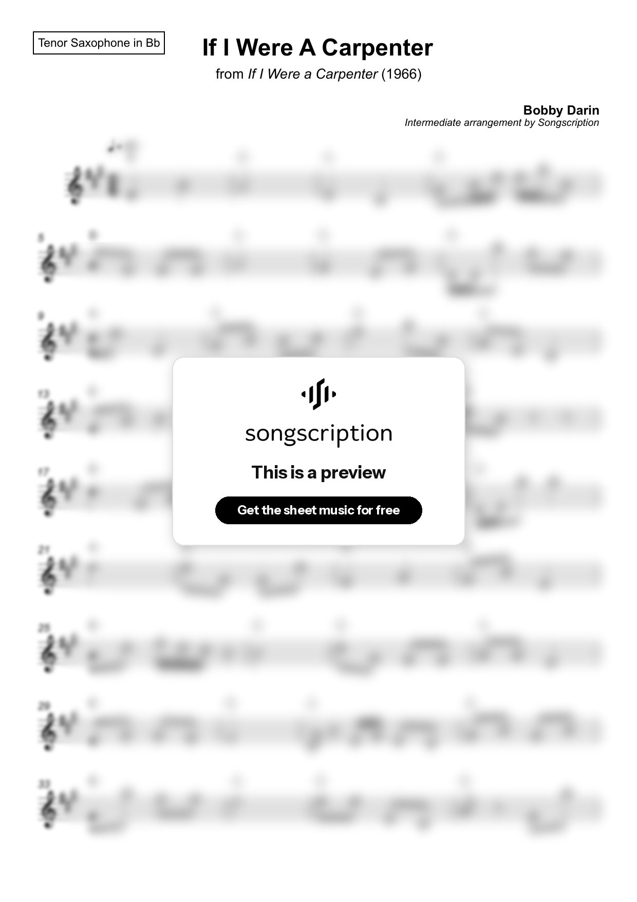 Intermediate Tenor Sax Sheet Music for "If I Were A Carpenter" by Bobby Darin