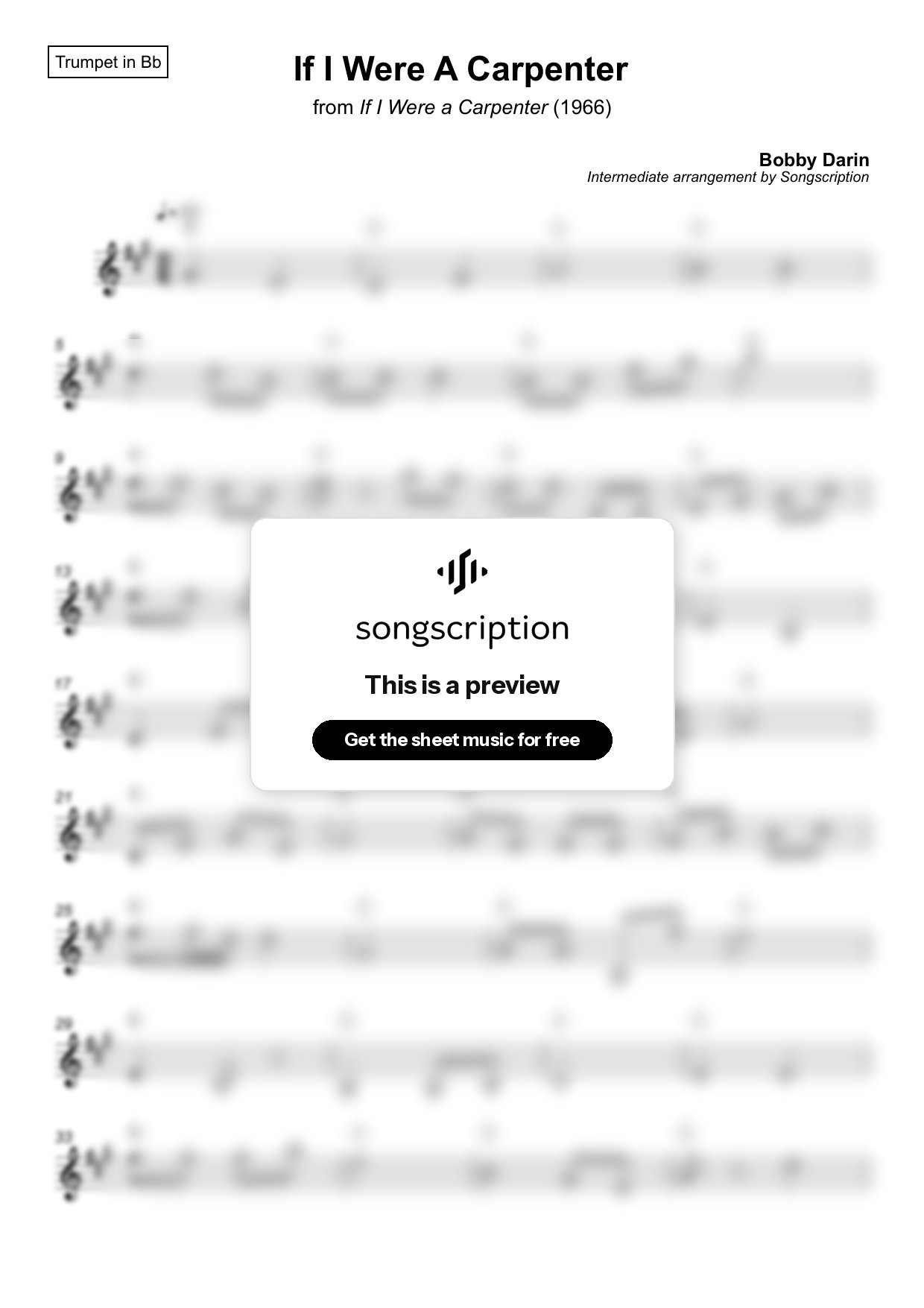 Intermediate Trumpet Sheet Music for "If I Were A Carpenter" by Bobby Darin