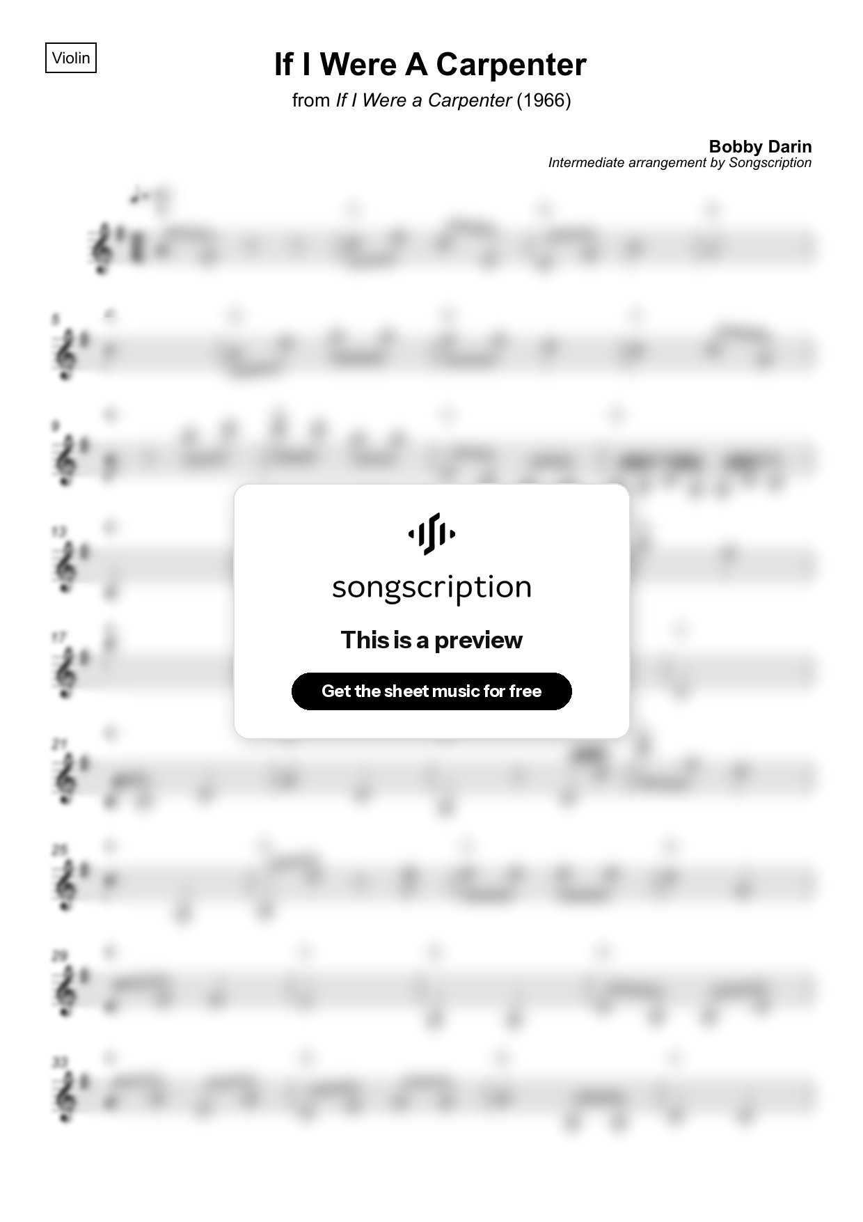 Intermediate Violin Sheet Music for "If I Were A Carpenter" by Bobby Darin