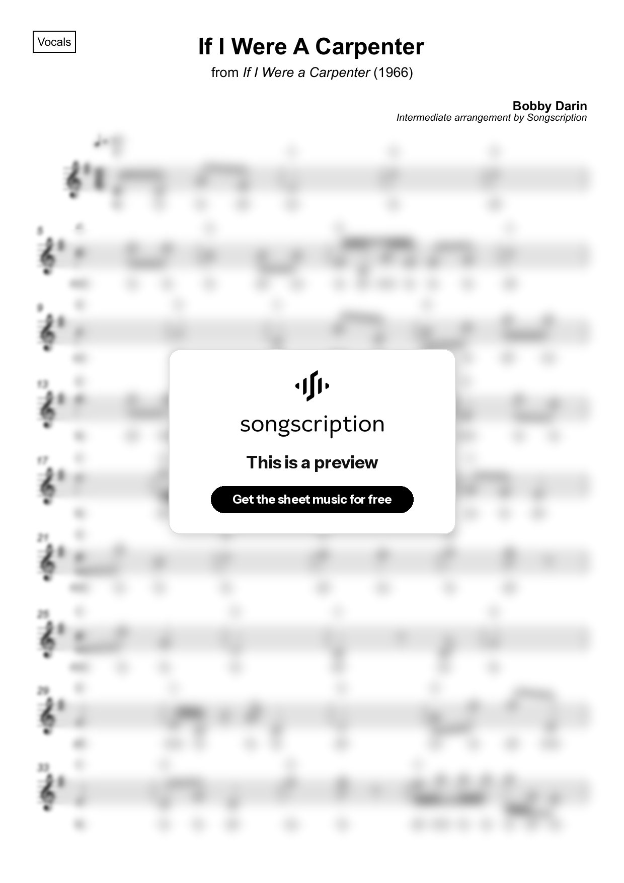 Intermediate Vocals Sheet Music for "If I Were A Carpenter" by Bobby Darin