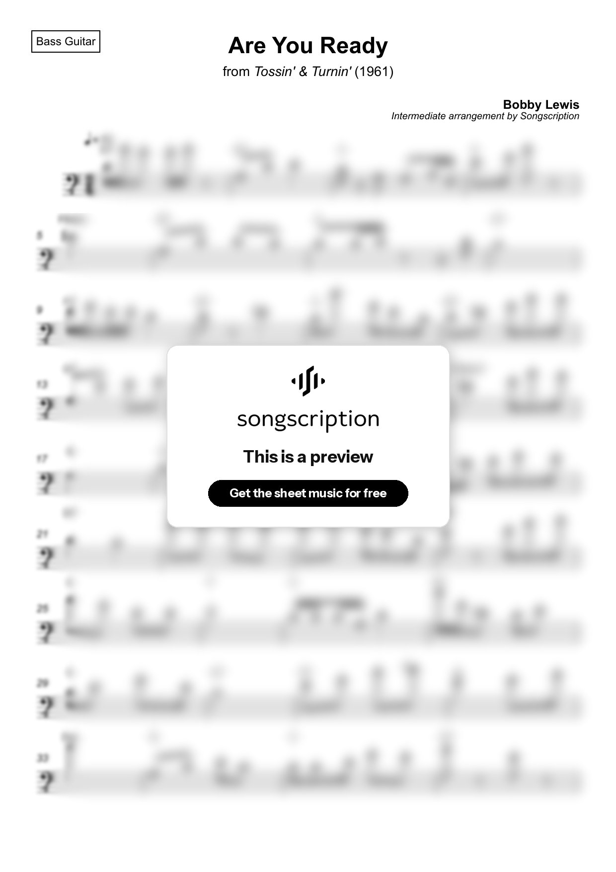 Intermediate Bass Guitar Sheet Music for "Are You Ready" by Bobby Lewis