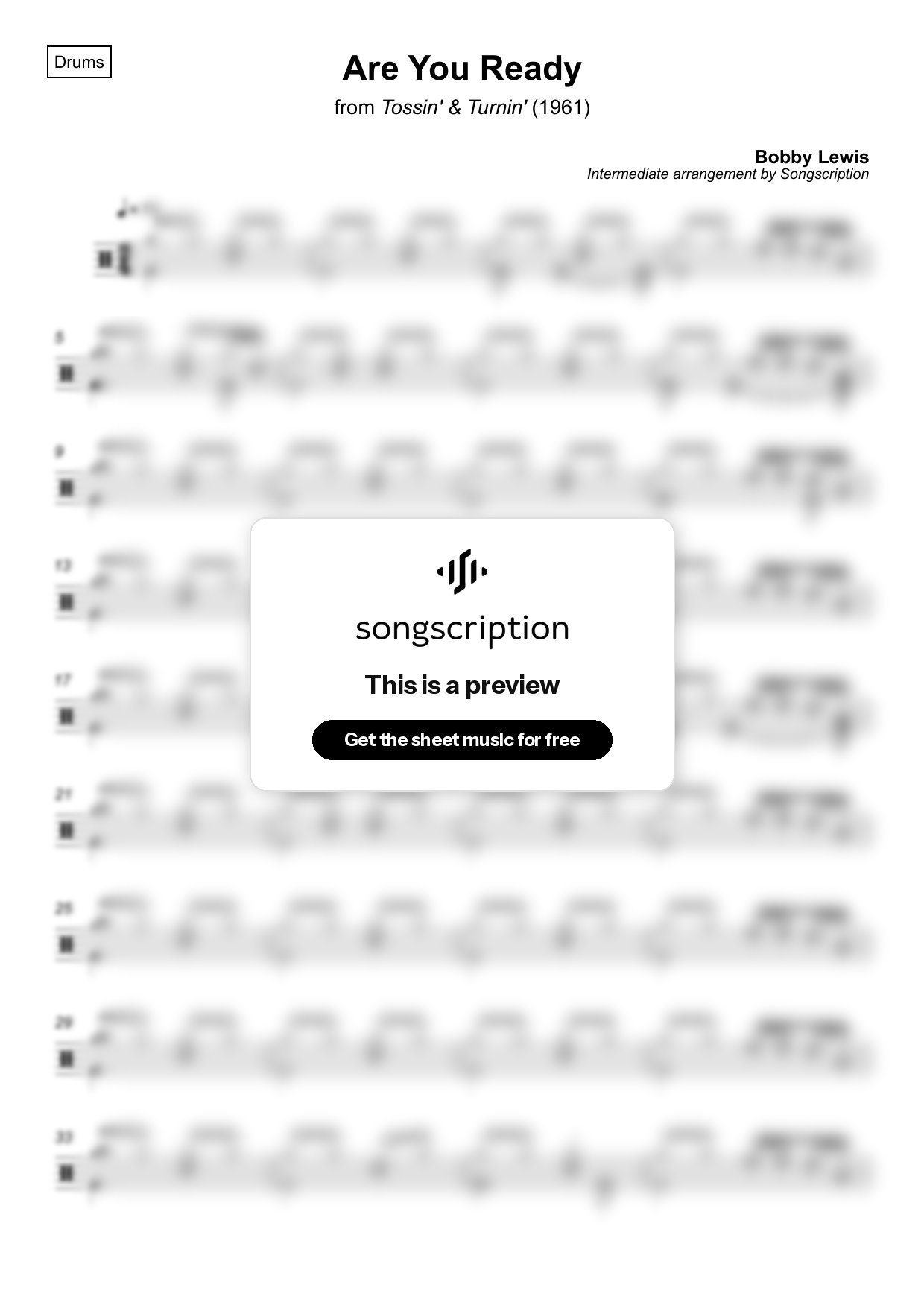 Intermediate Drums Sheet Music for "Are You Ready" by Bobby Lewis