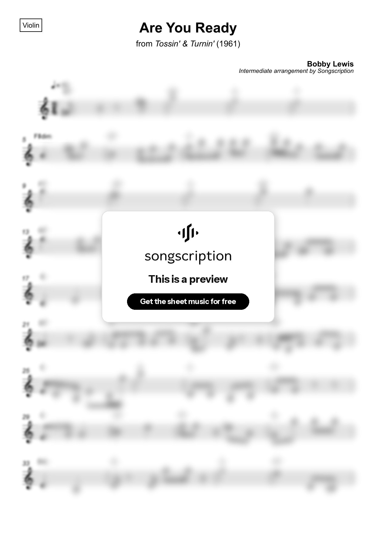 Intermediate Violin Sheet Music for "Are You Ready" by Bobby Lewis