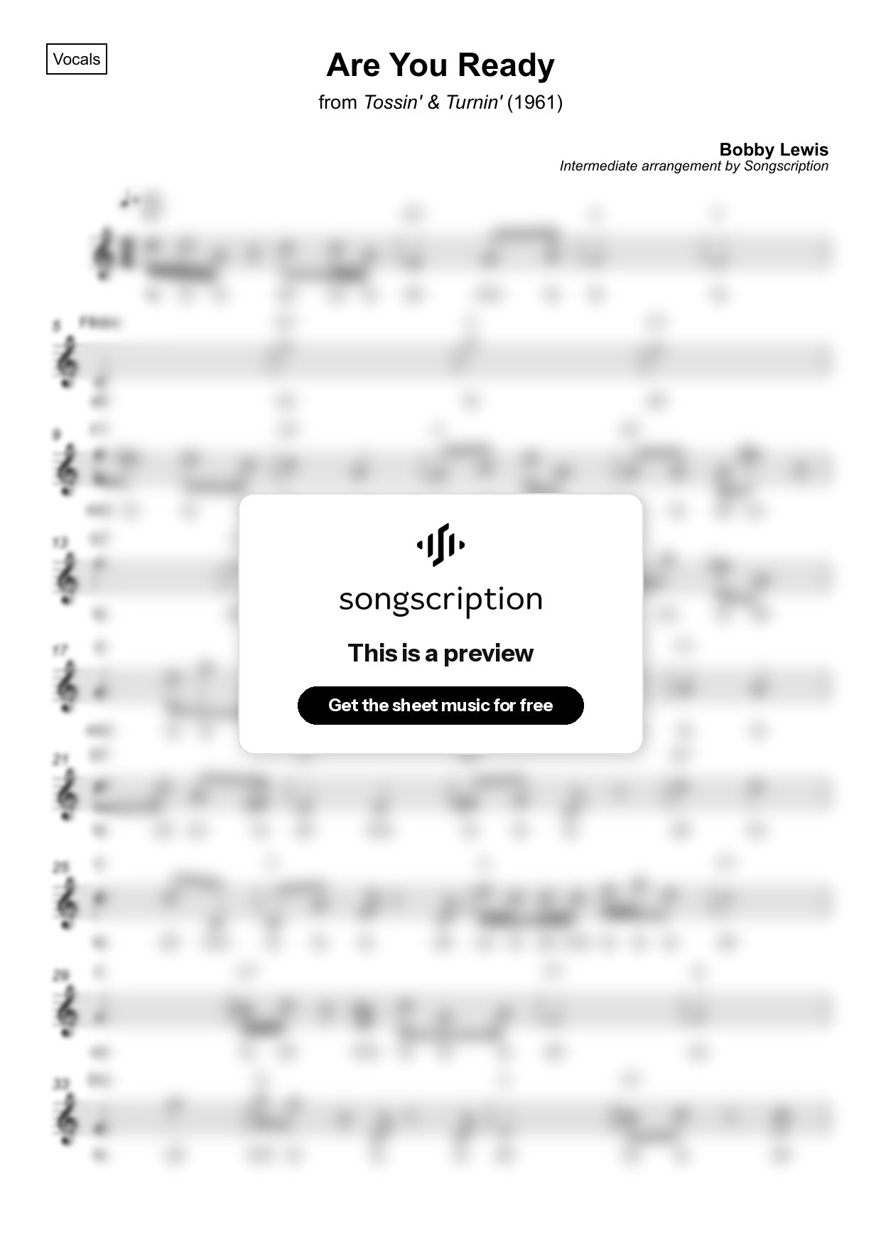 Intermediate Vocals Sheet Music for "Are You Ready" by Bobby Lewis
