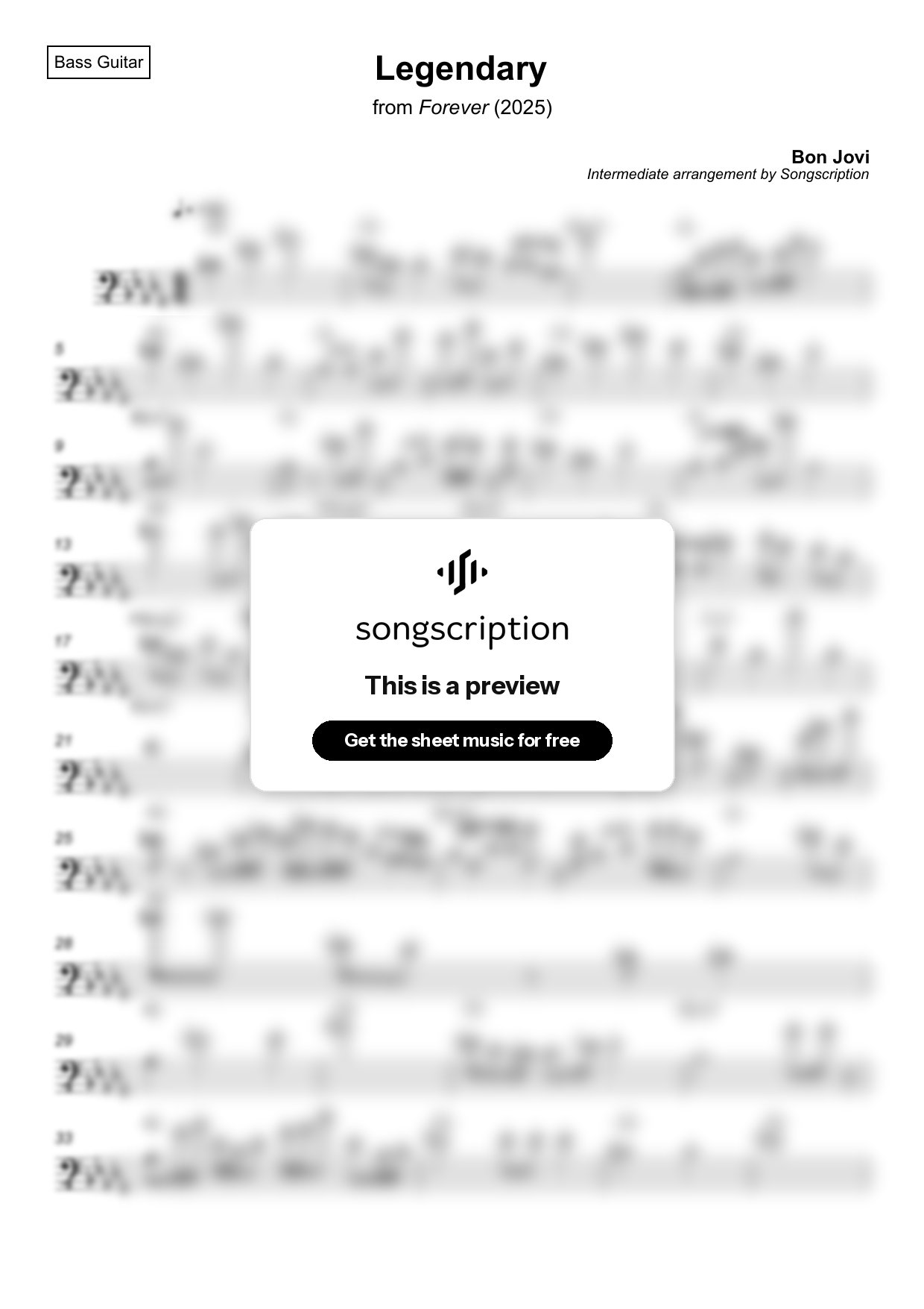 Intermediate Bass Guitar Sheet Music for "Legendary" by Bon Jovi