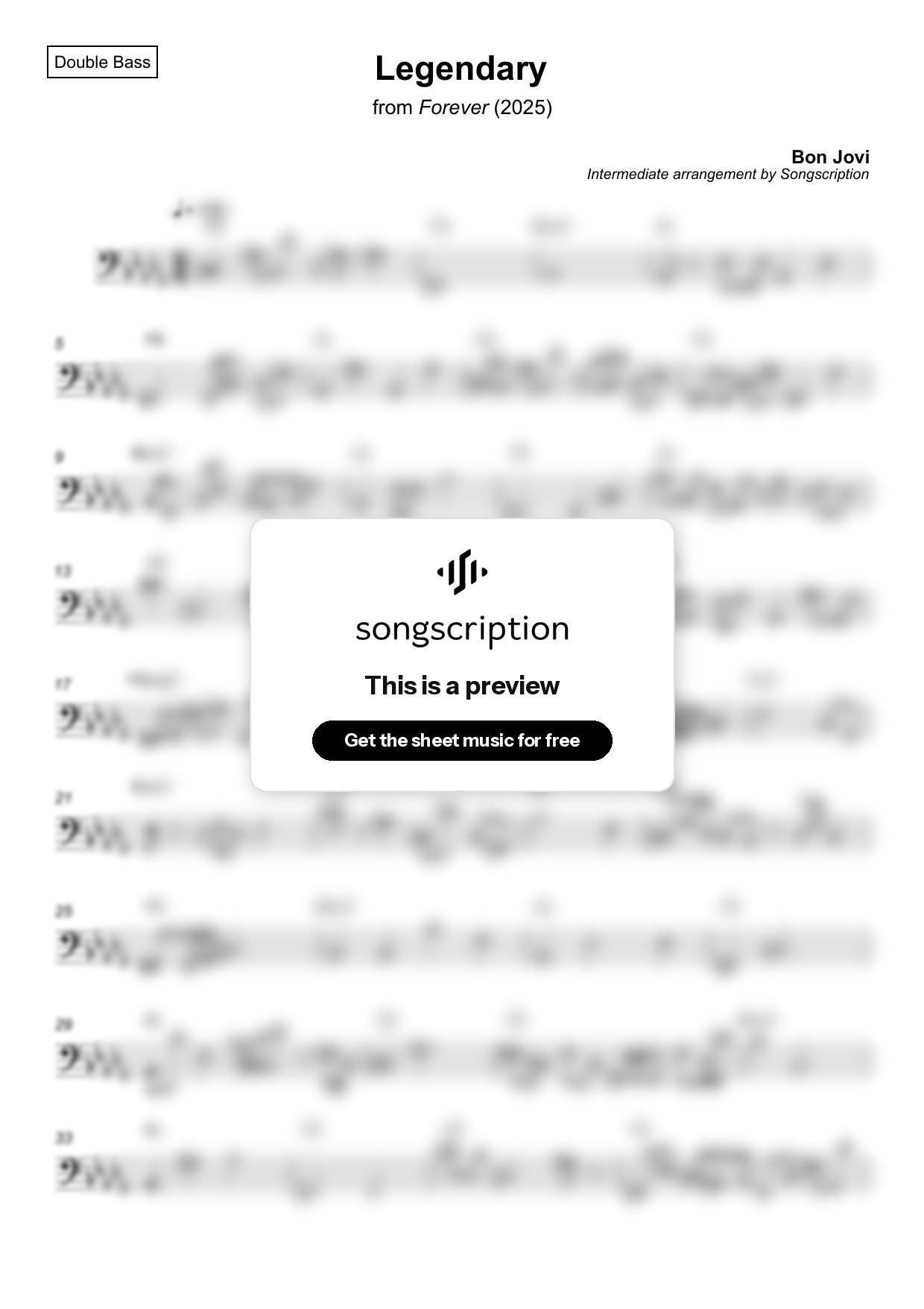 Intermediate Double Bass Sheet Music for "Legendary" by Bon Jovi