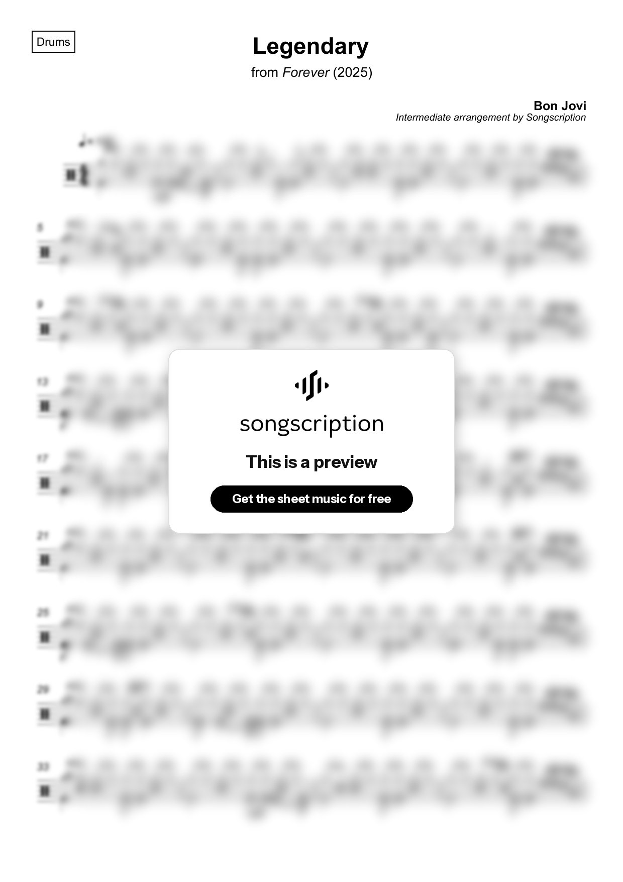 Intermediate Drums Sheet Music for "Legendary" by Bon Jovi