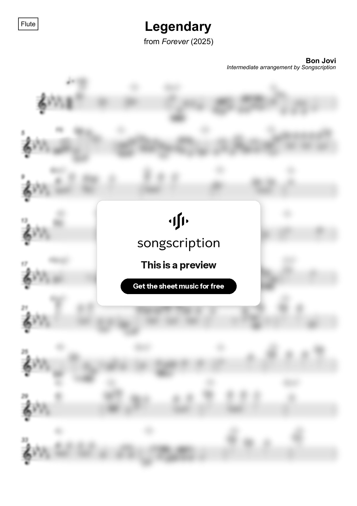 Intermediate Flute Sheet Music for "Legendary" by Bon Jovi