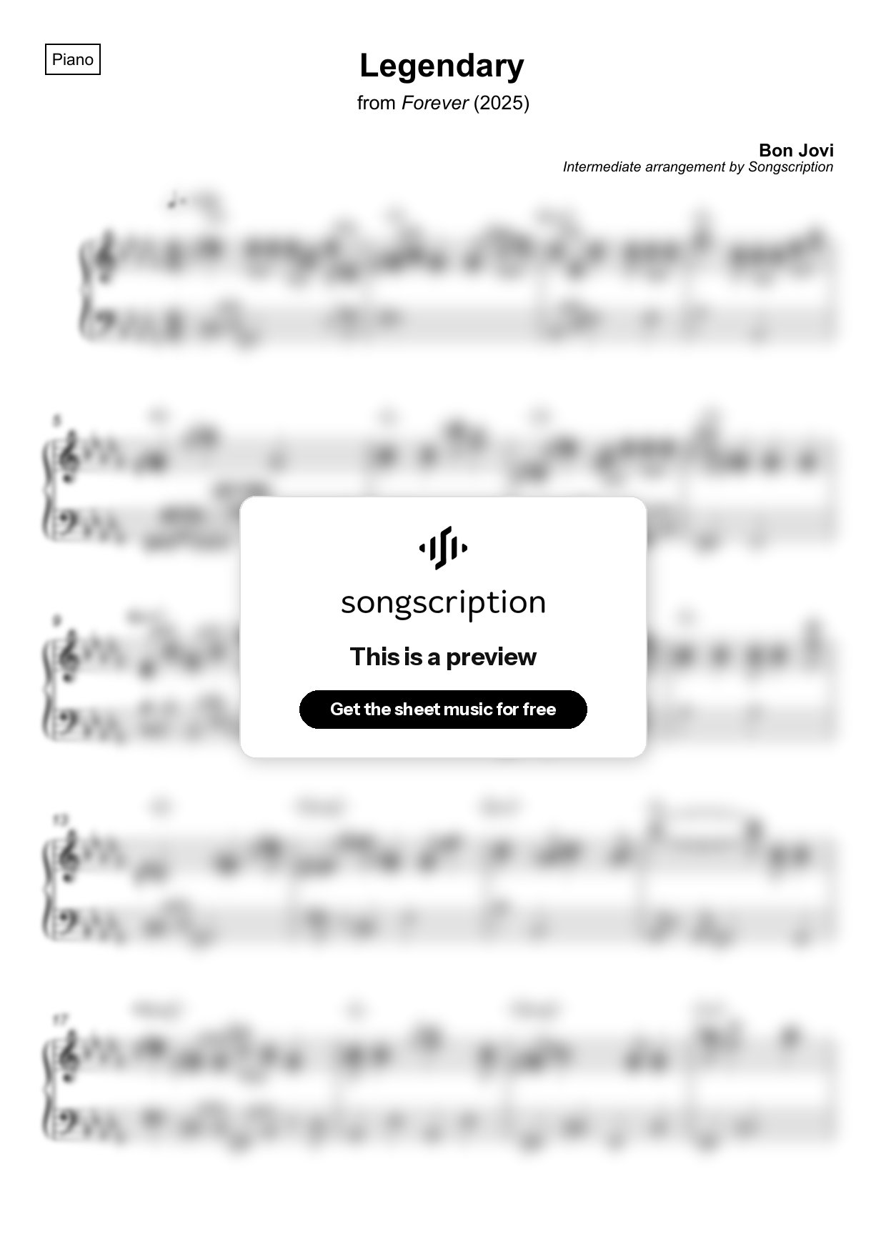 Intermediate Piano Sheet Music for "Legendary" by Bon Jovi