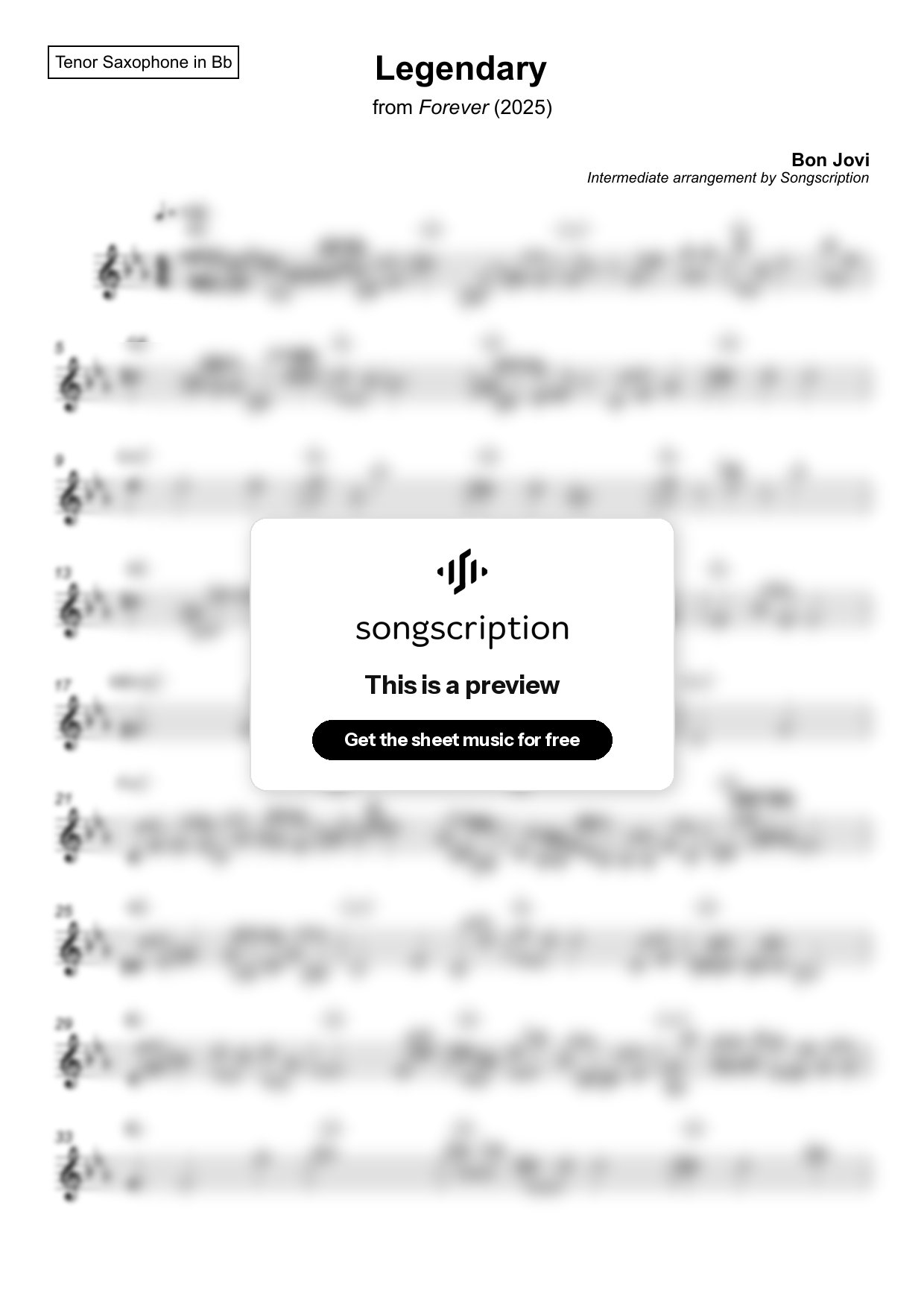 Intermediate Tenor Sax Sheet Music for "Legendary" by Bon Jovi