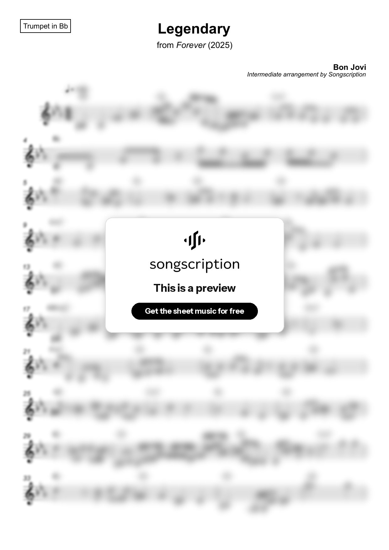 Intermediate Trumpet Sheet Music for "Legendary" by Bon Jovi