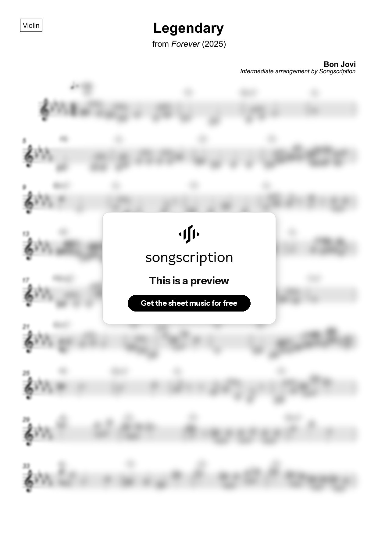 Intermediate Violin Sheet Music for "Legendary" by Bon Jovi