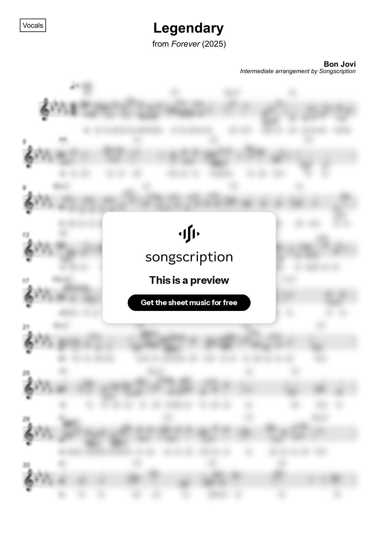 Intermediate Vocals Sheet Music for "Legendary" by Bon Jovi