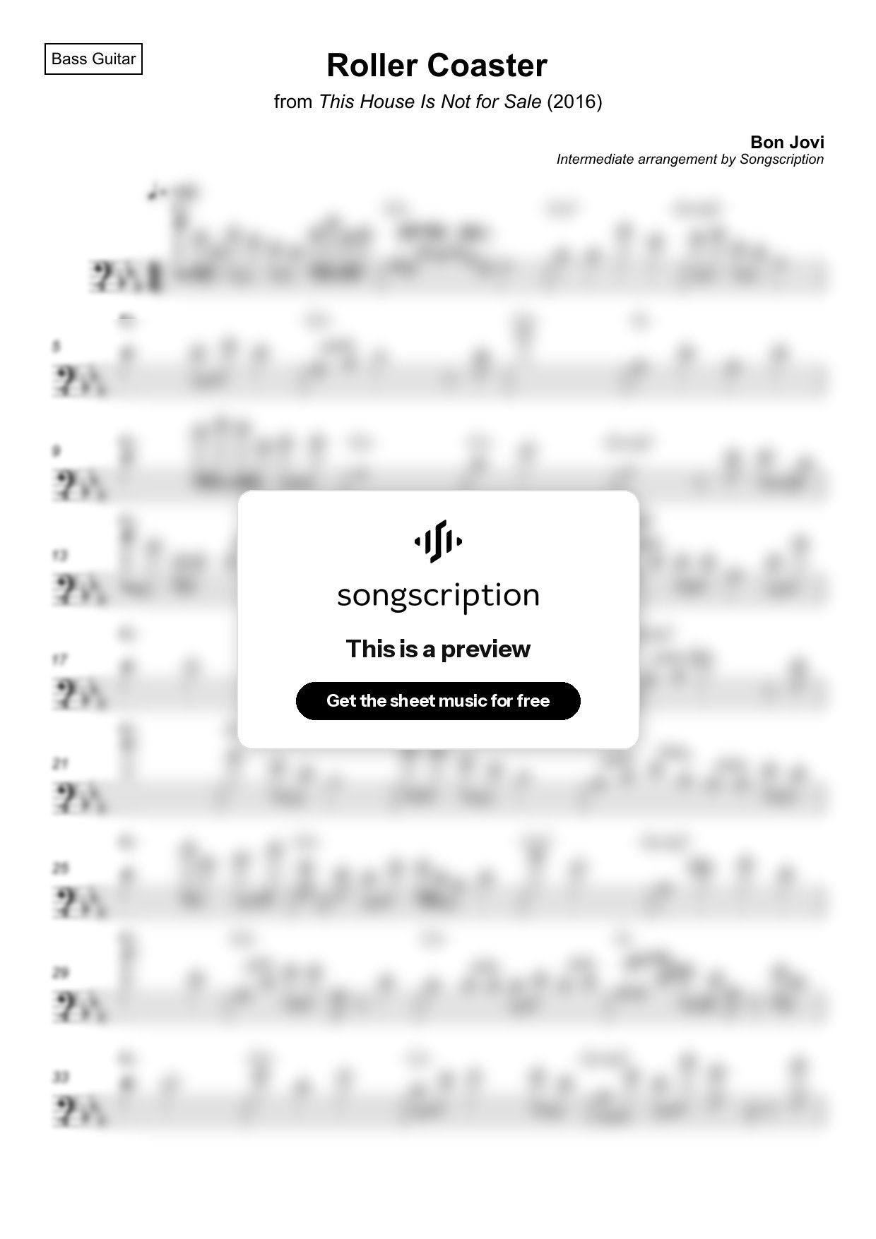 Intermediate Bass Guitar Sheet Music for "Roller Coaster" by Bon Jovi