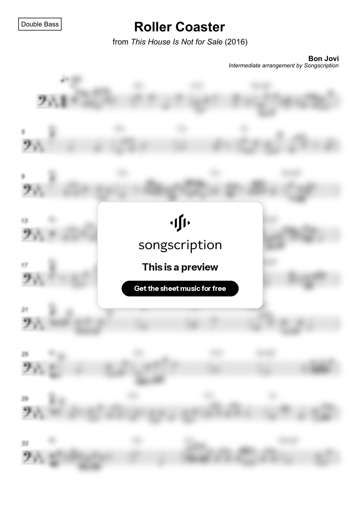 Intermediate Double Bass Sheet Music for "Roller Coaster" by Bon Jovi