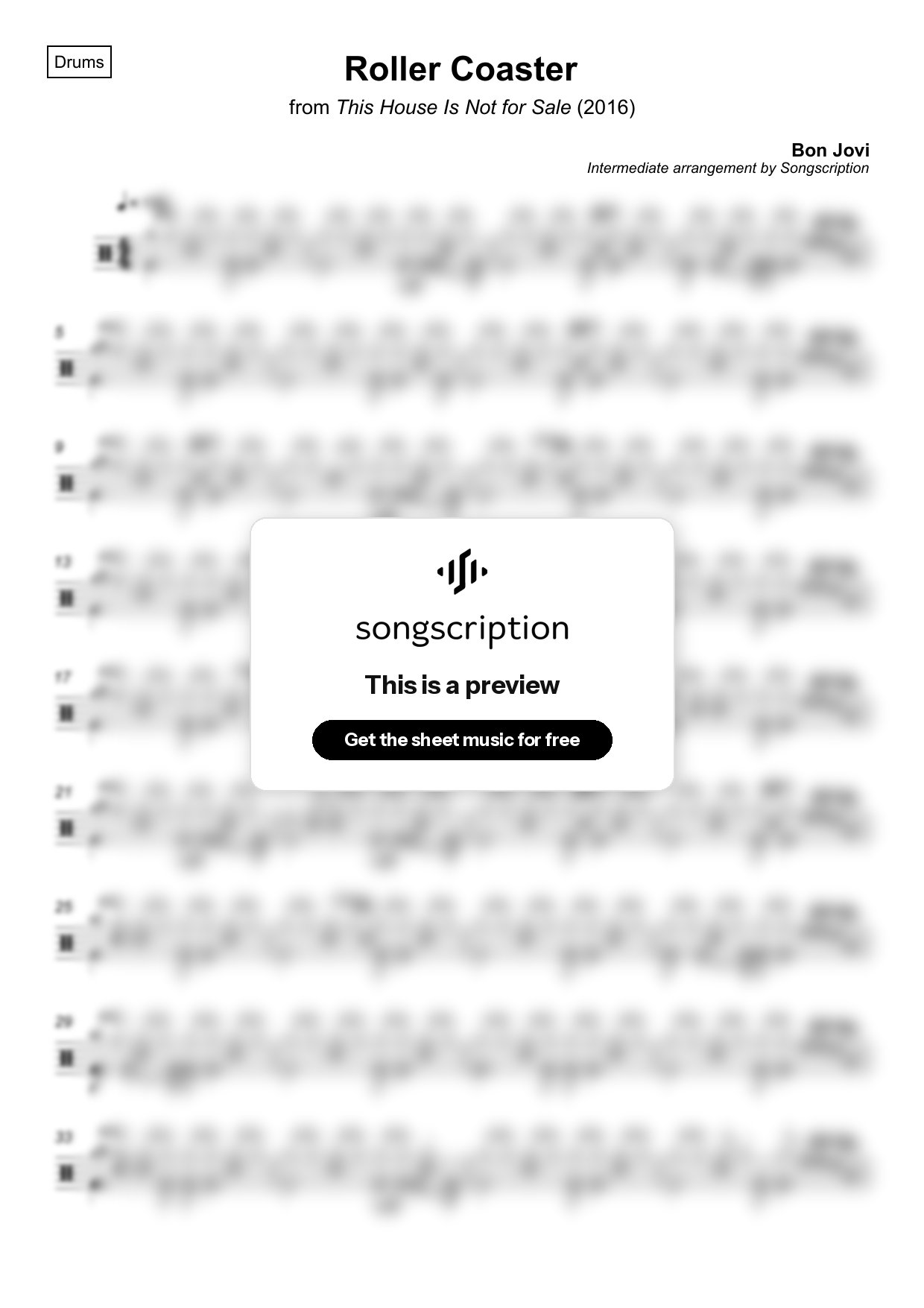 Intermediate Drums Sheet Music for "Roller Coaster" by Bon Jovi
