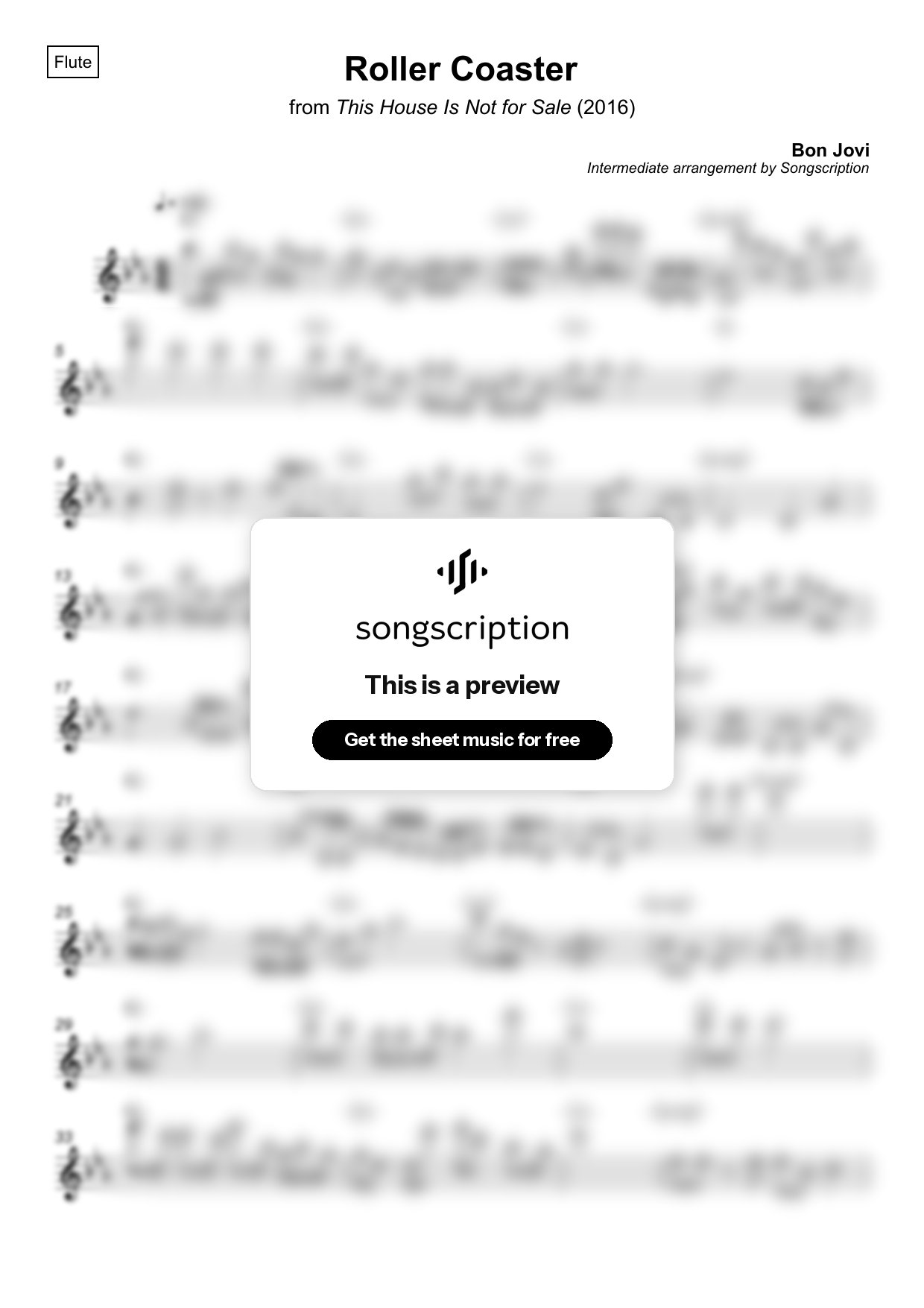 Intermediate Flute Sheet Music for "Roller Coaster" by Bon Jovi