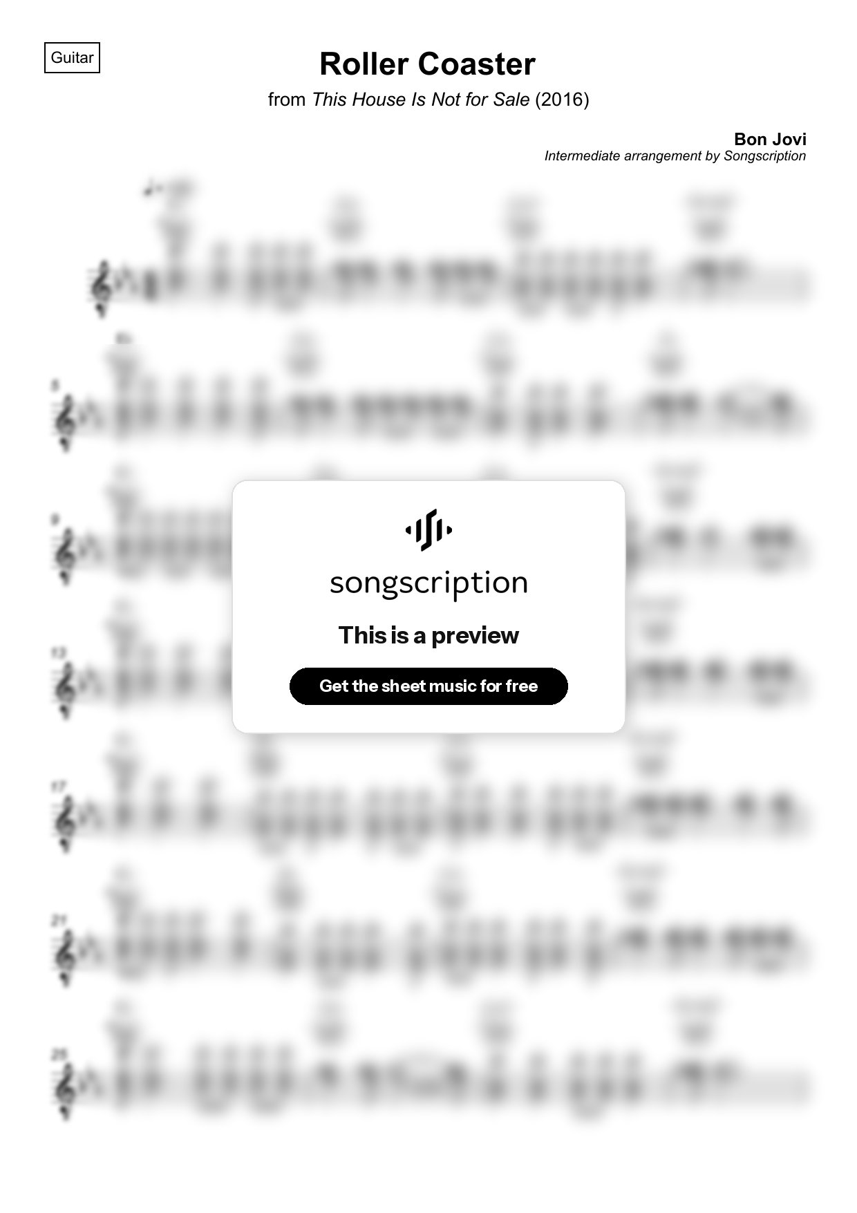 Intermediate Acoustic Guitar Sheet Music for "Roller Coaster" by Bon Jovi