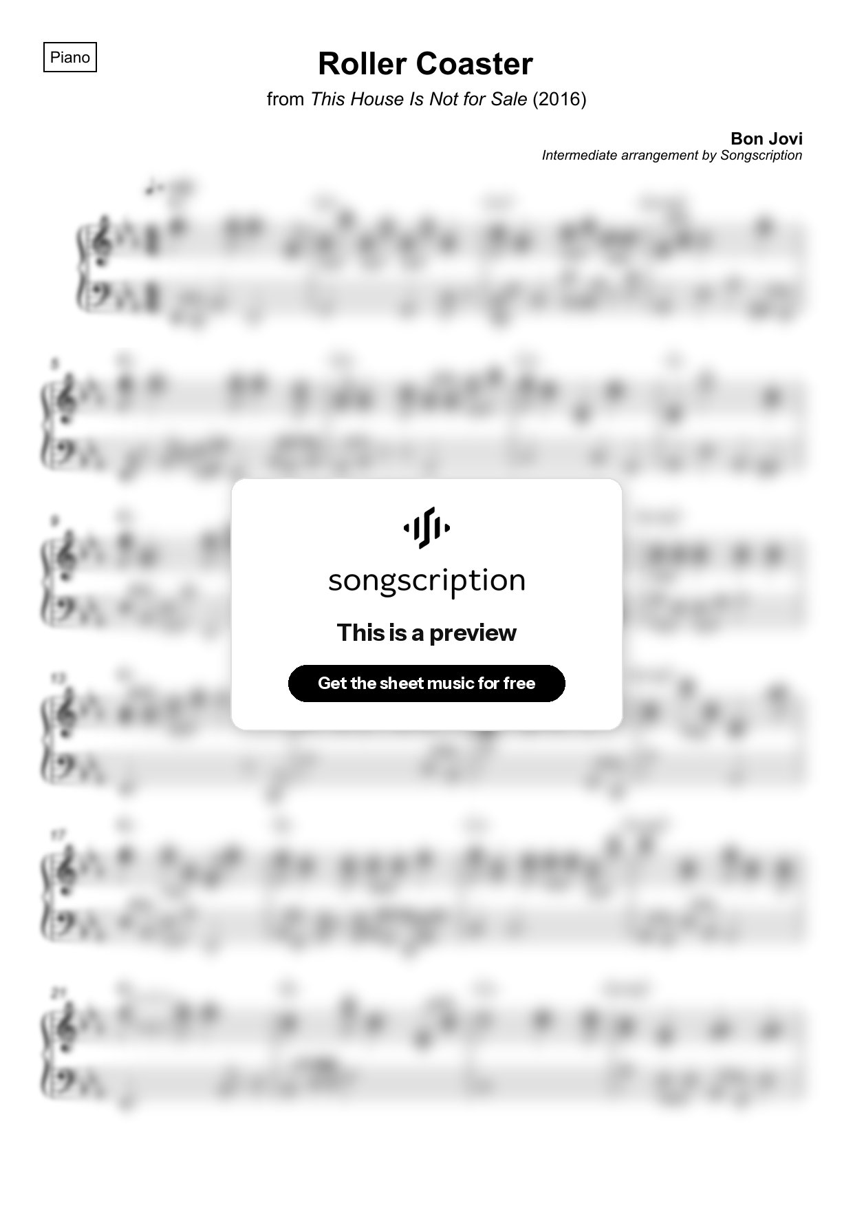 Intermediate Piano Sheet Music for "Roller Coaster" by Bon Jovi