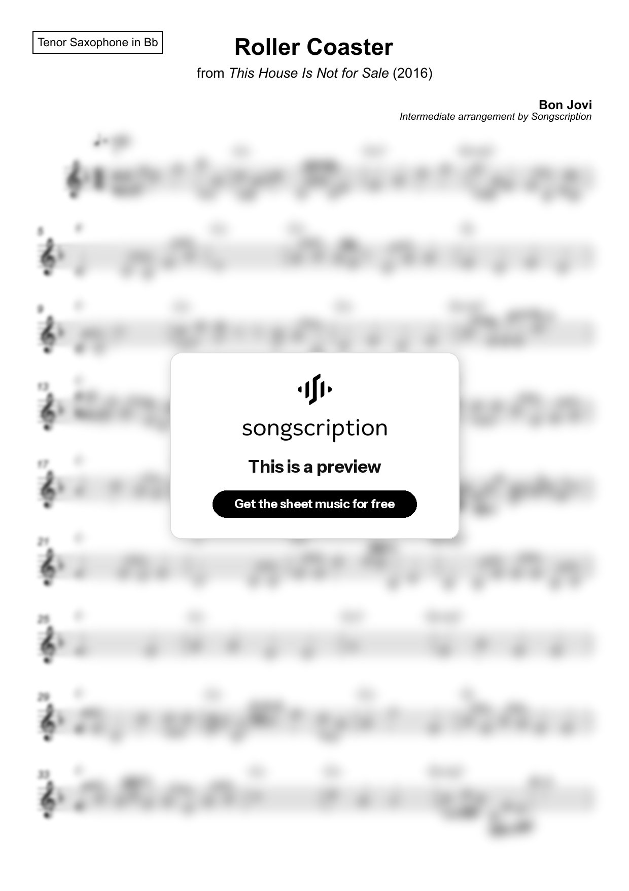 Intermediate Tenor Sax Sheet Music for "Roller Coaster" by Bon Jovi