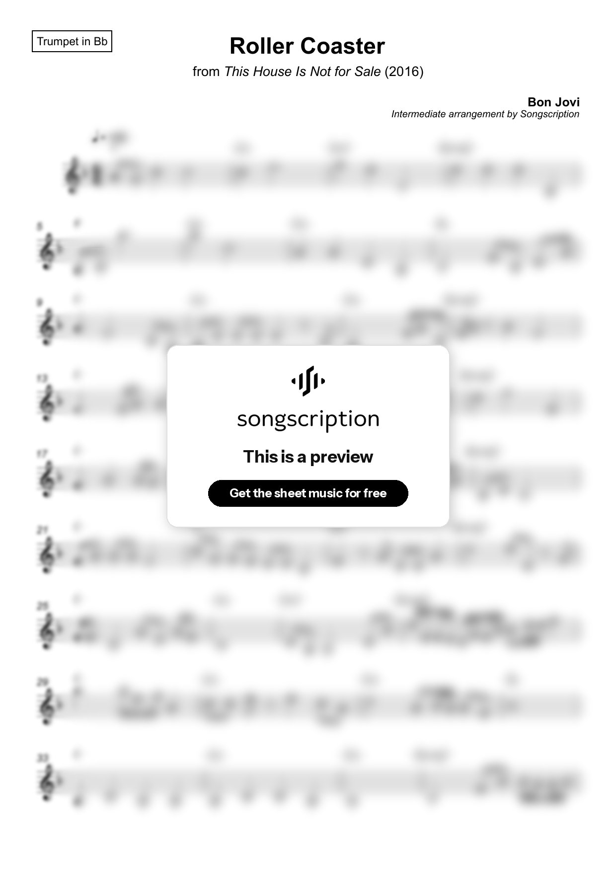 Intermediate Trumpet Sheet Music for "Roller Coaster" by Bon Jovi