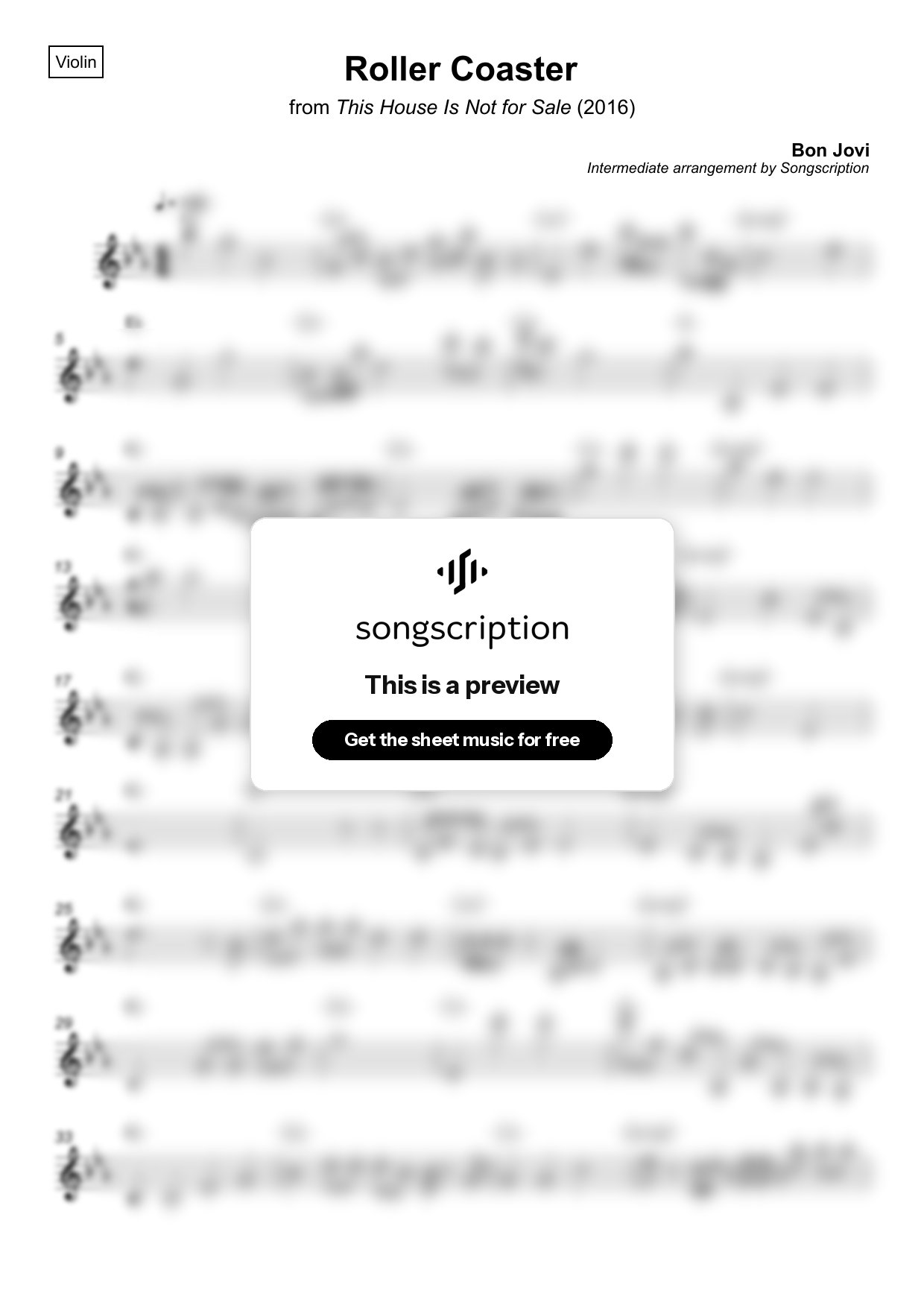 Intermediate Violin Sheet Music for "Roller Coaster" by Bon Jovi