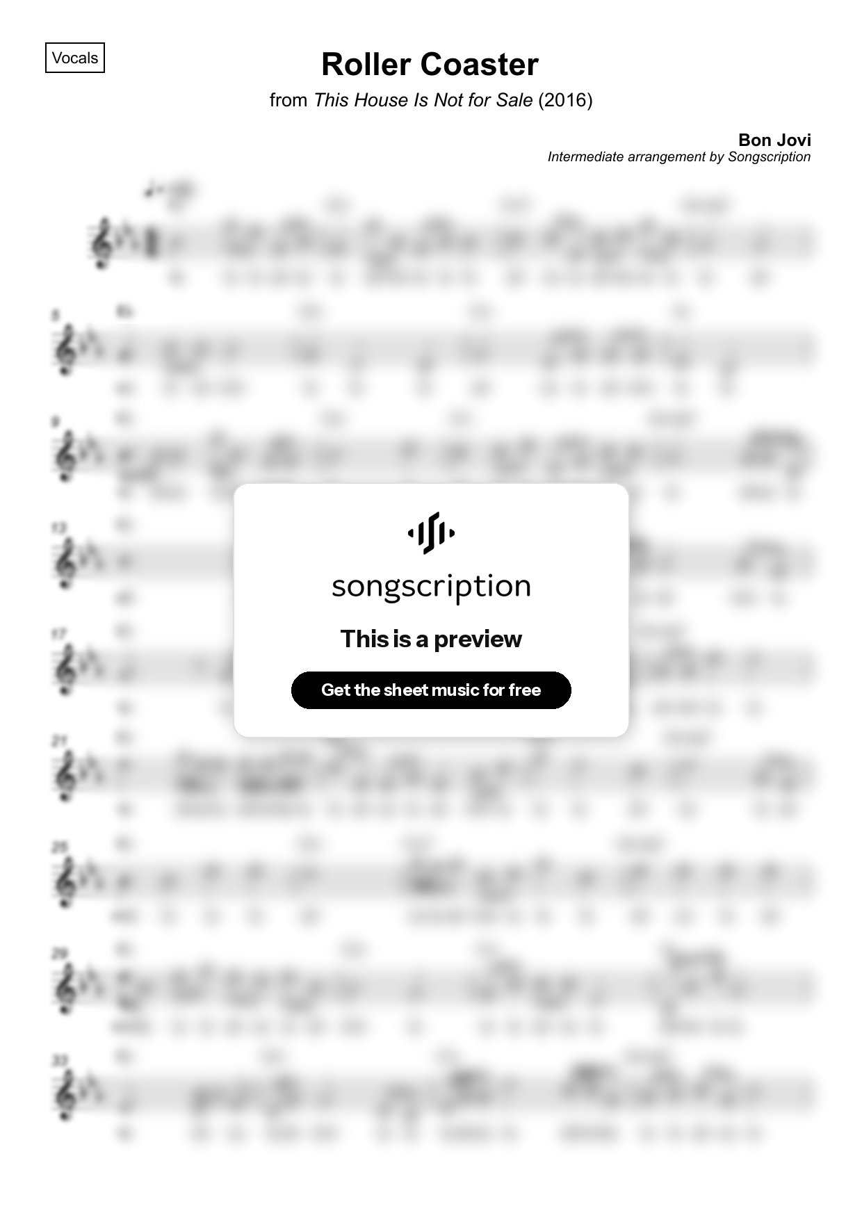 Intermediate Vocals Sheet Music for "Roller Coaster" by Bon Jovi