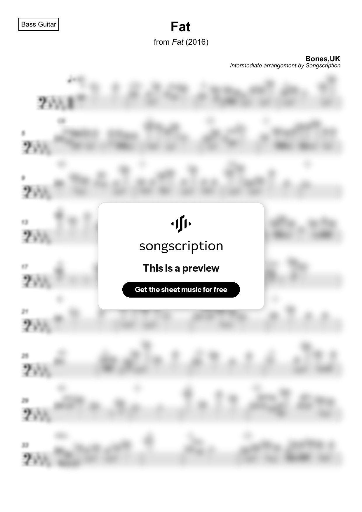 Intermediate Bass Guitar Sheet Music for "Fat" by Bones,UK