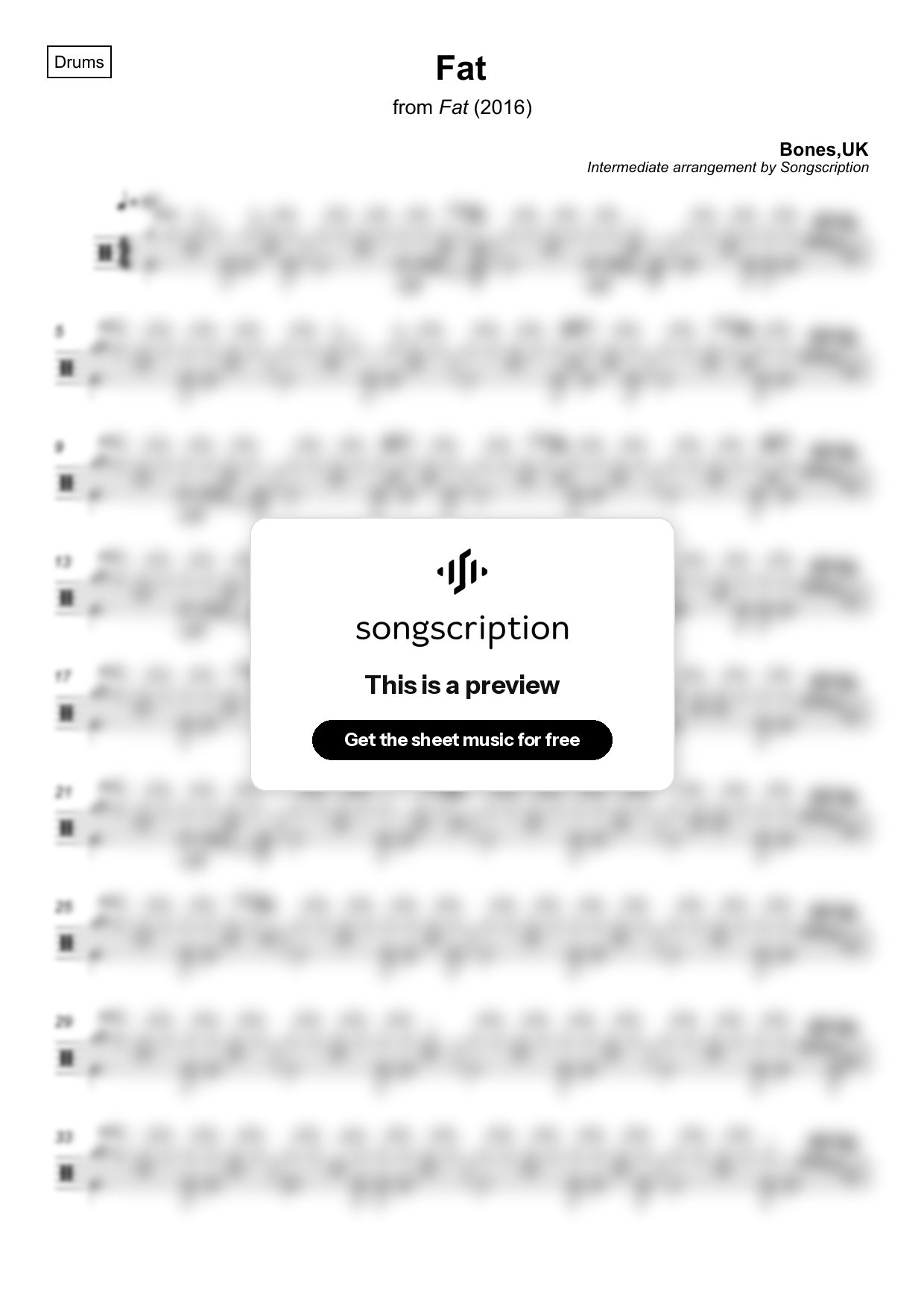 Intermediate Drums Sheet Music for "Fat" by Bones,UK