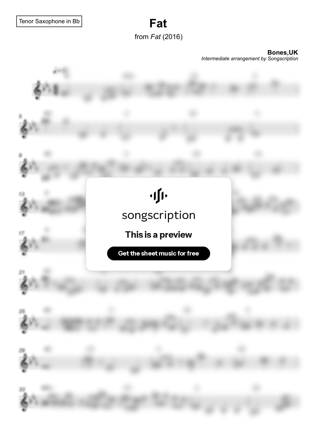 Intermediate Tenor Sax Sheet Music for "Fat" by Bones,UK