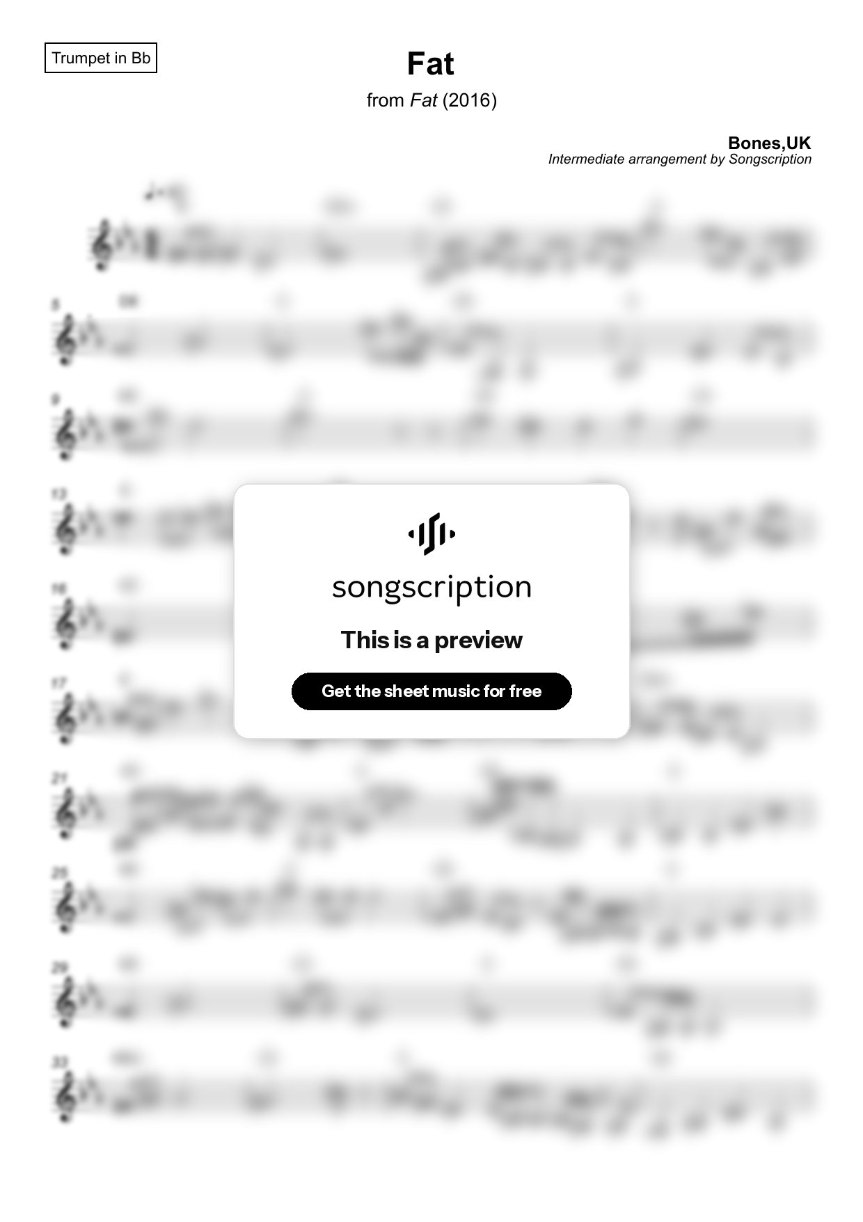 Intermediate Trumpet Sheet Music for "Fat" by Bones,UK