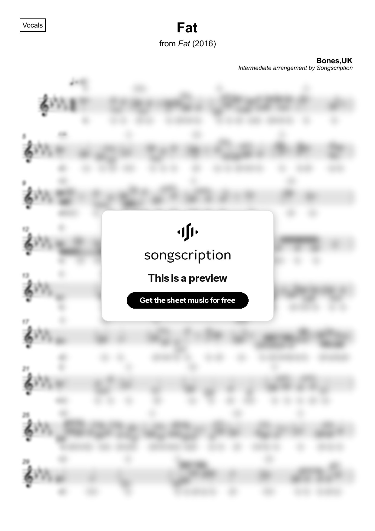 Intermediate Vocals Sheet Music for "Fat" by Bones,UK