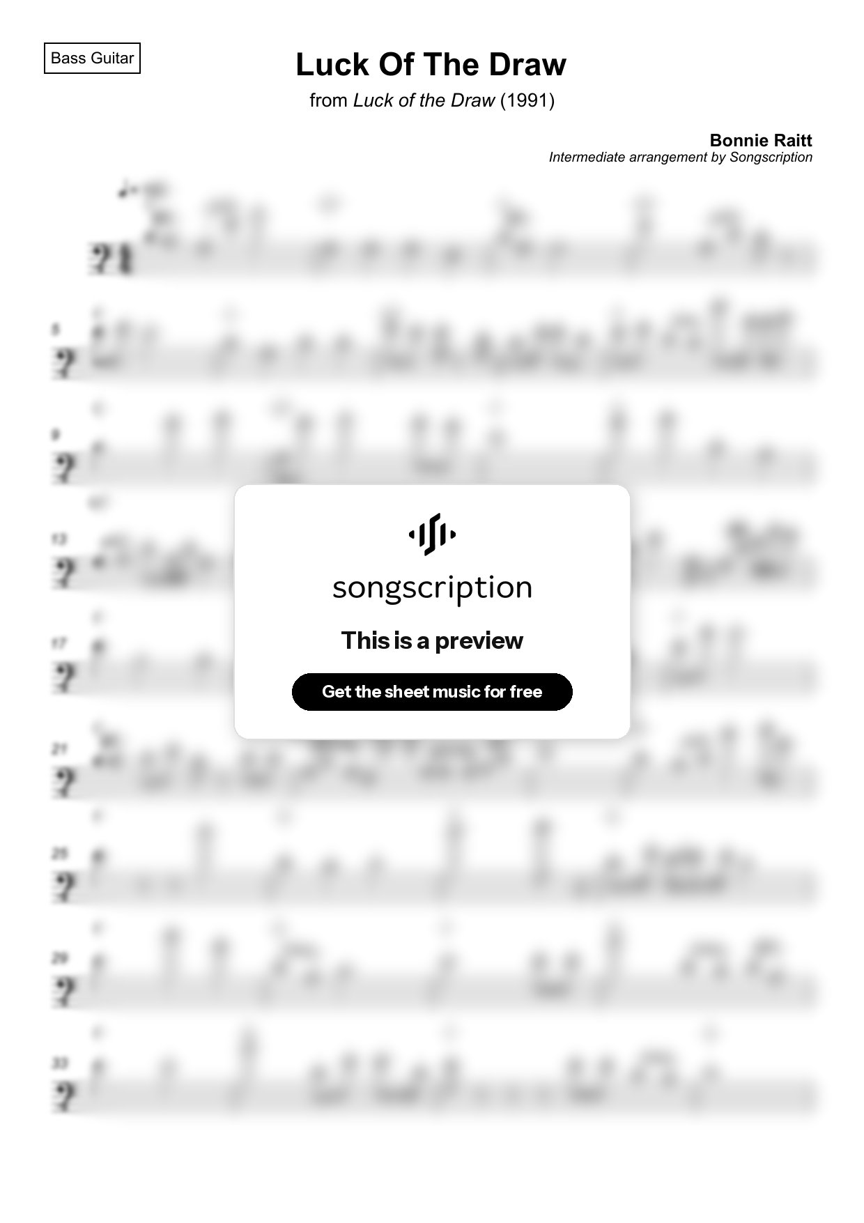 Intermediate Bass Guitar Sheet Music for "Luck Of The Draw" by Bonnie Raitt