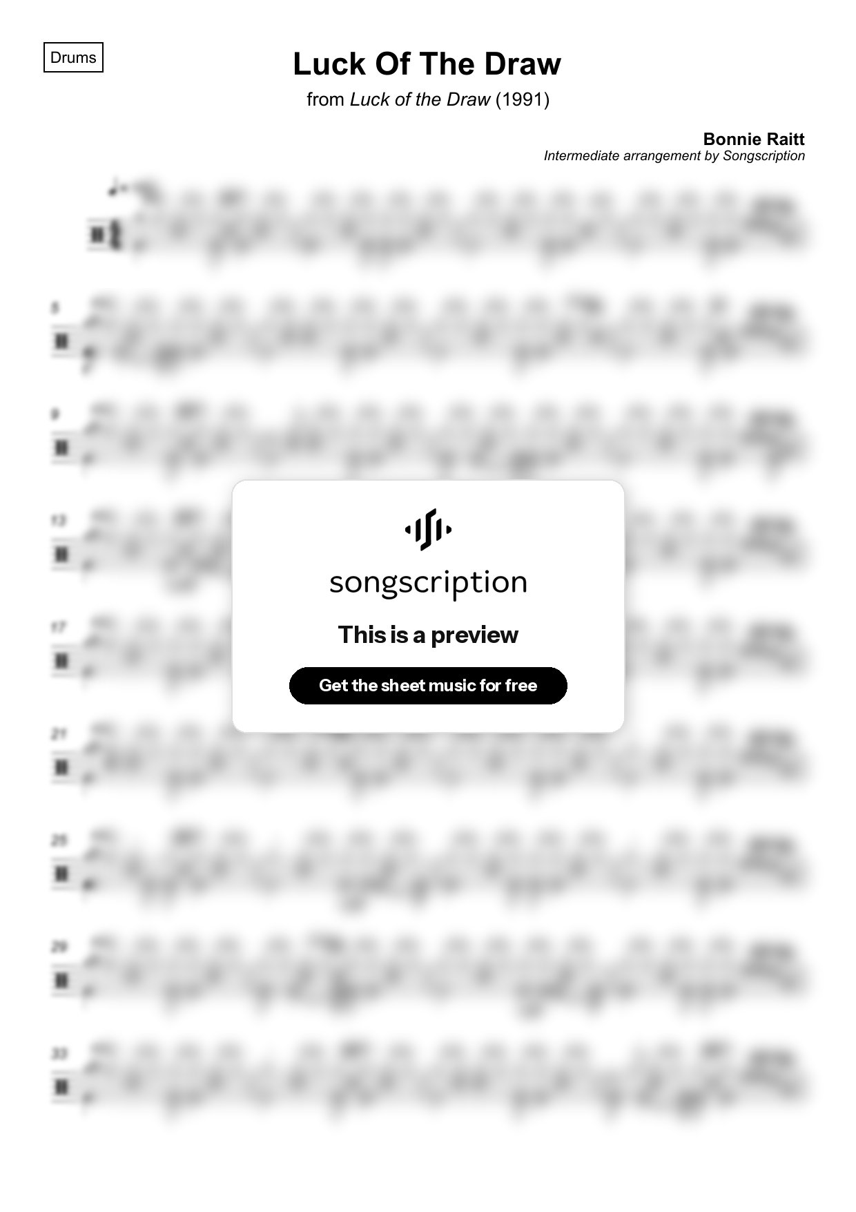 Intermediate Drums Sheet Music for "Luck Of The Draw" by Bonnie Raitt